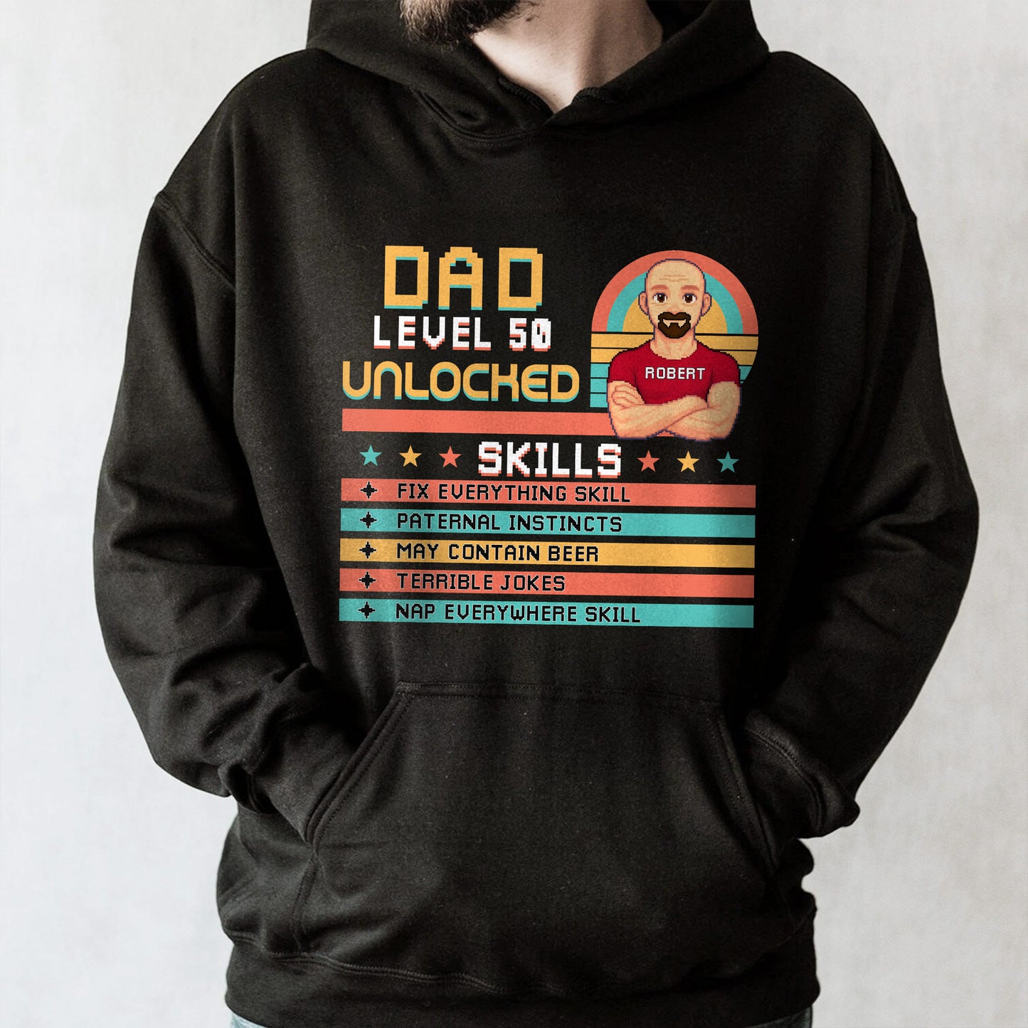 Dad Level 50 Unlocked, Video Game Style, Pixel Texts, Avatar, Skill List