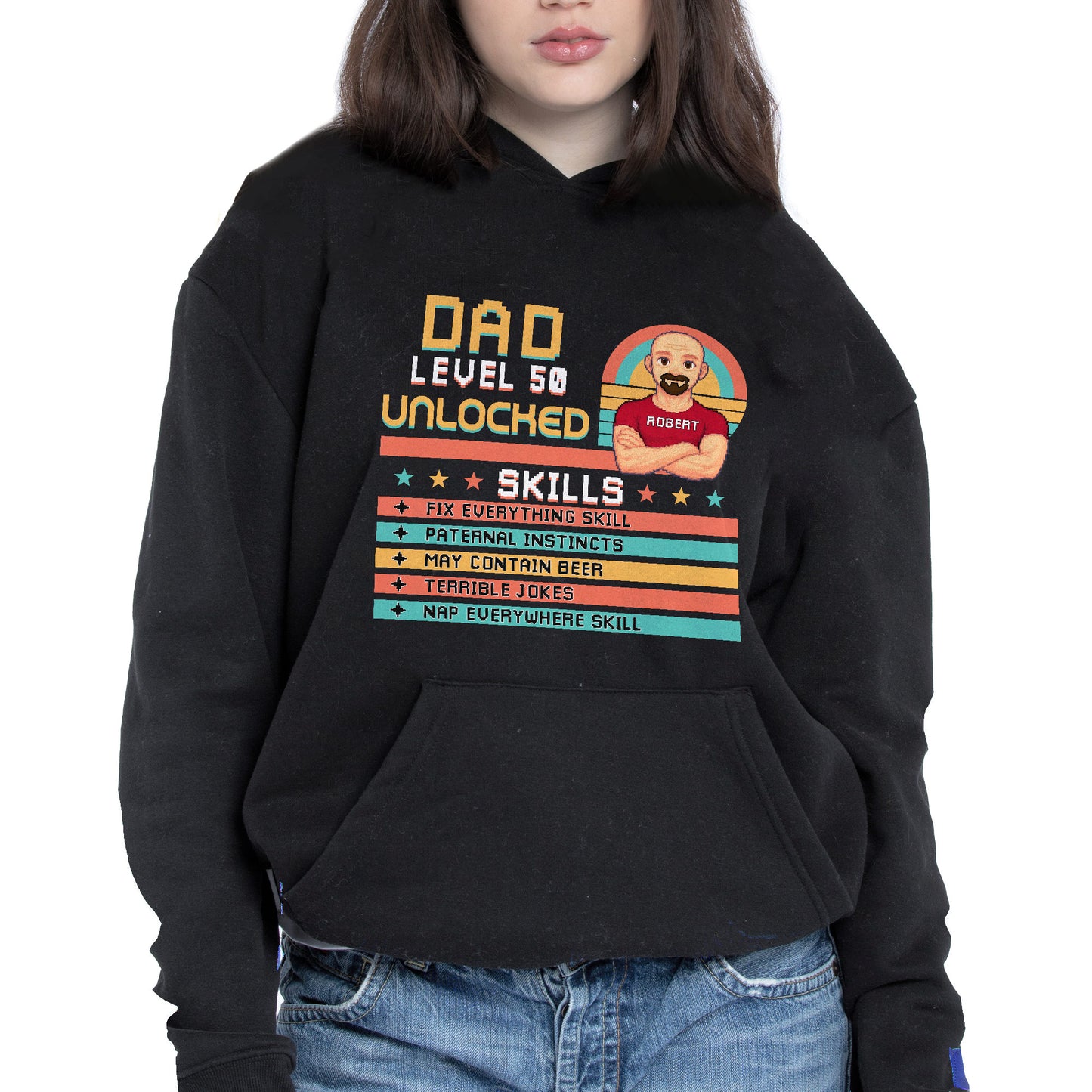 Dad Level 50 Unlocked, Video Game Style, Pixel Texts, Avatar, Skill List