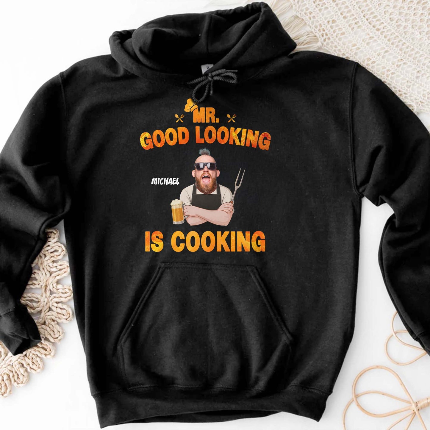 Mr. Good Looking Is Cooking, Bearded Man With Beer And Fork - Personalized Custom Unisex T-shirt, Hoodie - DAD187_BBAS
