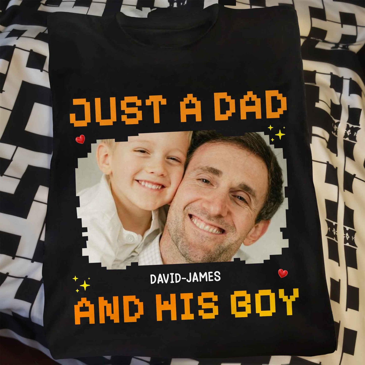 Just A Dad, His And Boy, Pixel Heart And Stars - Personalized Custom Unisex T-shirt, Hoodie - DAD222_BBAS