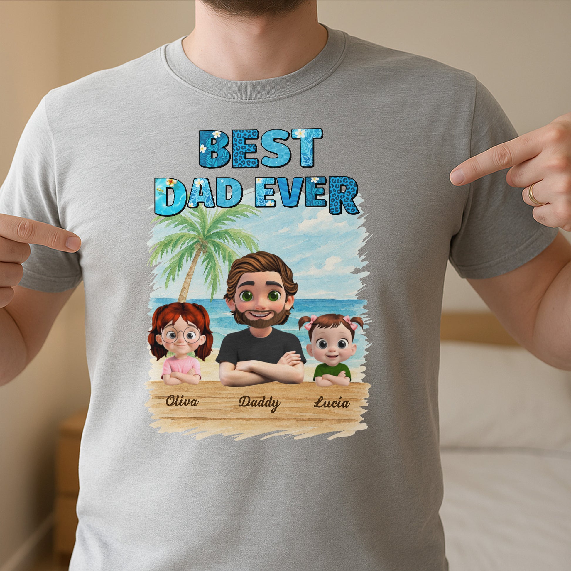 Best Dad Ever With Palm Tree And Cartoon Family