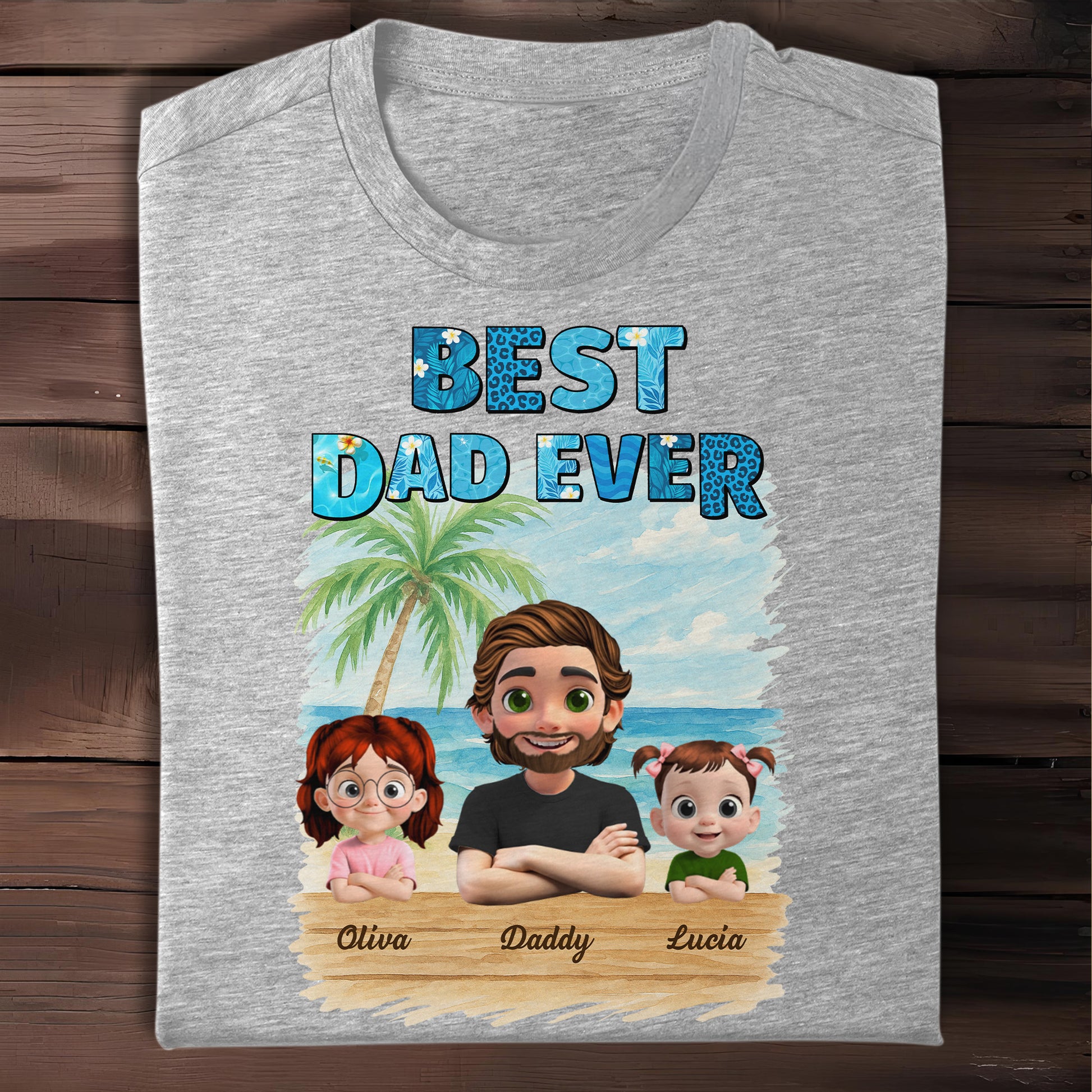 Best Dad Ever With Palm Tree And Cartoon Family