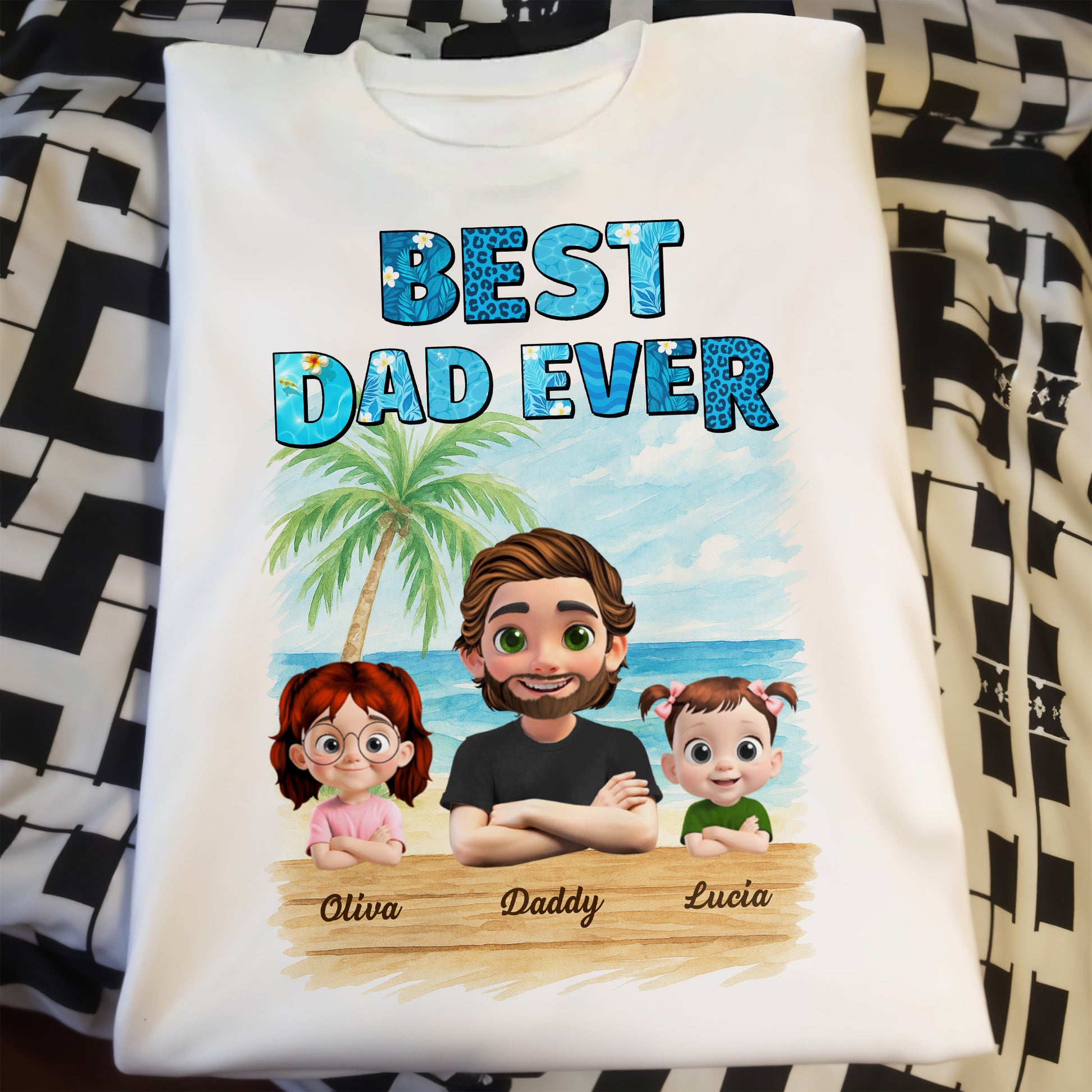 Best Dad Ever With Palm Tree And Cartoon Family