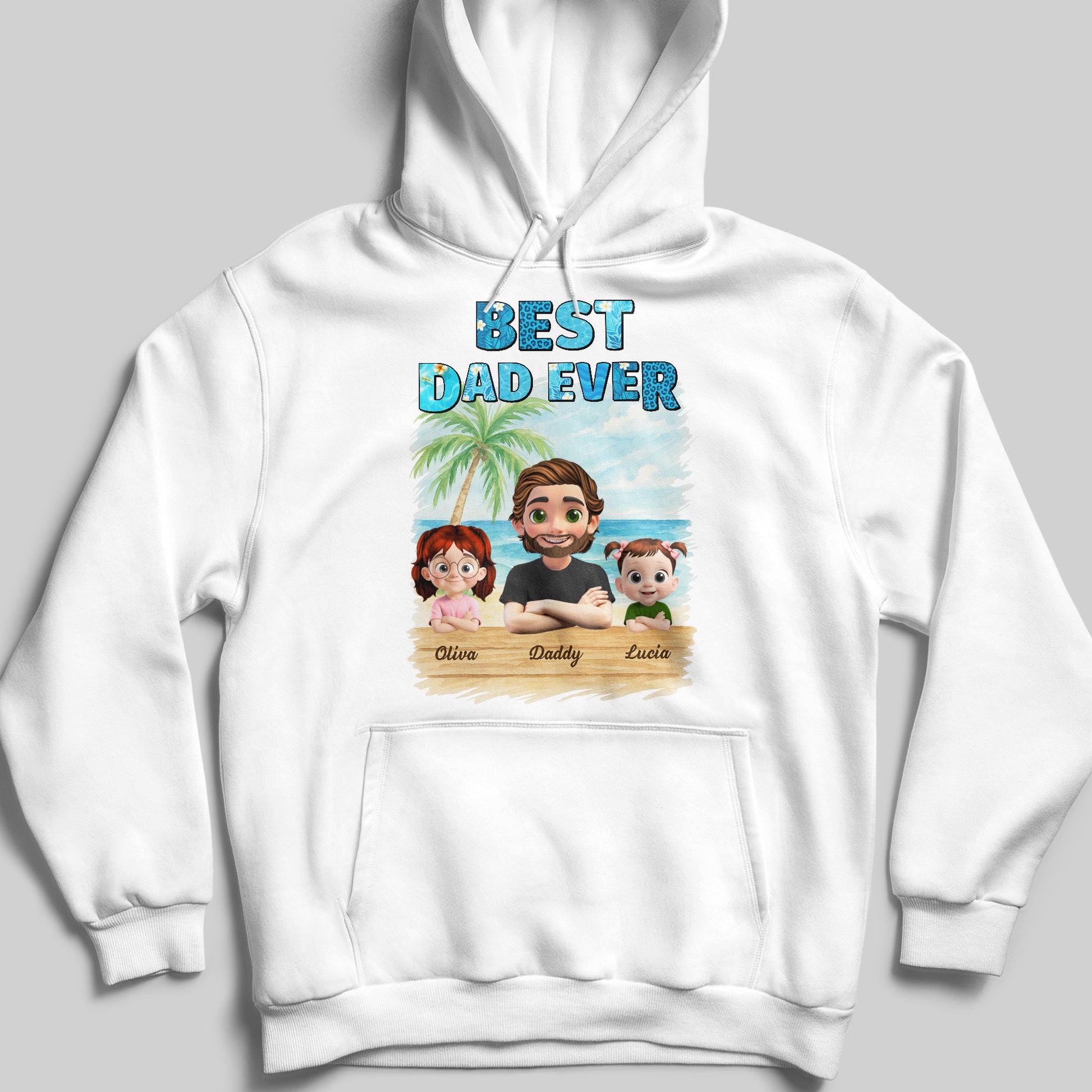 Best Dad Ever With Palm Tree And Cartoon Family