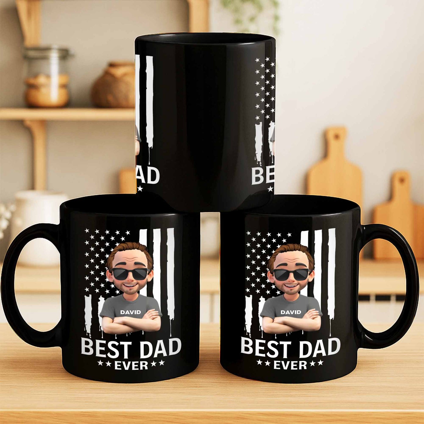 Best Dad Ever With Stars And Stripes - Personalized Custom Black Mug - DAD252_BMUG