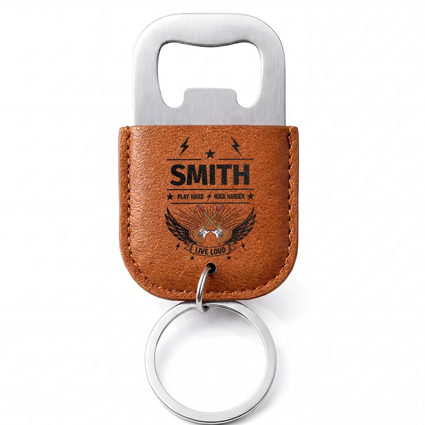 Play Hard Rock Harder Live Loud With Electric Guitars And Wings - Personalized Leather Bottle Opener Keychain - DAD742_LEBOK