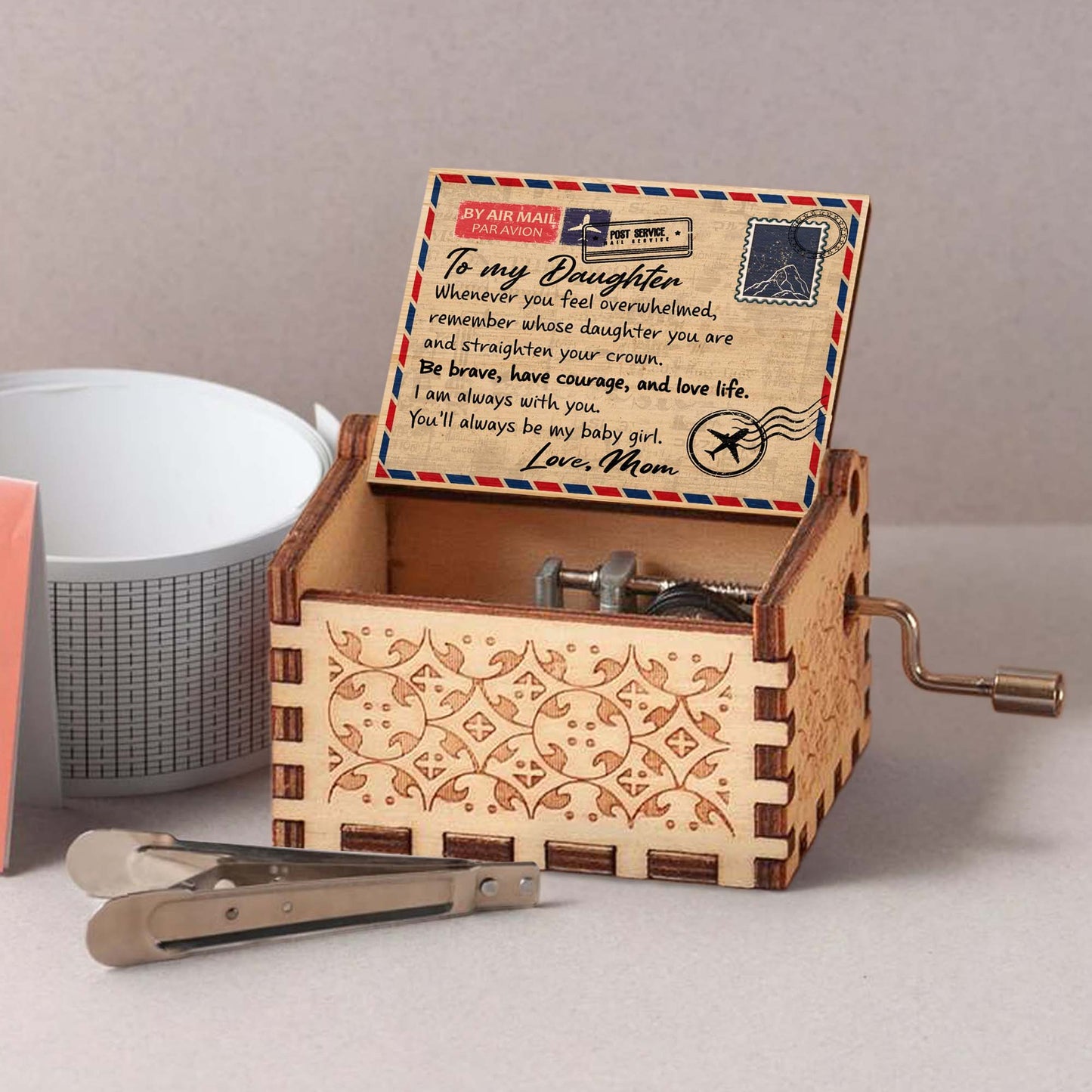 Empowering Message For Daughters Featuring Envelope And Crown - Custom Music Box With "You Are My Sunshine" Tune - DAU096_MZB