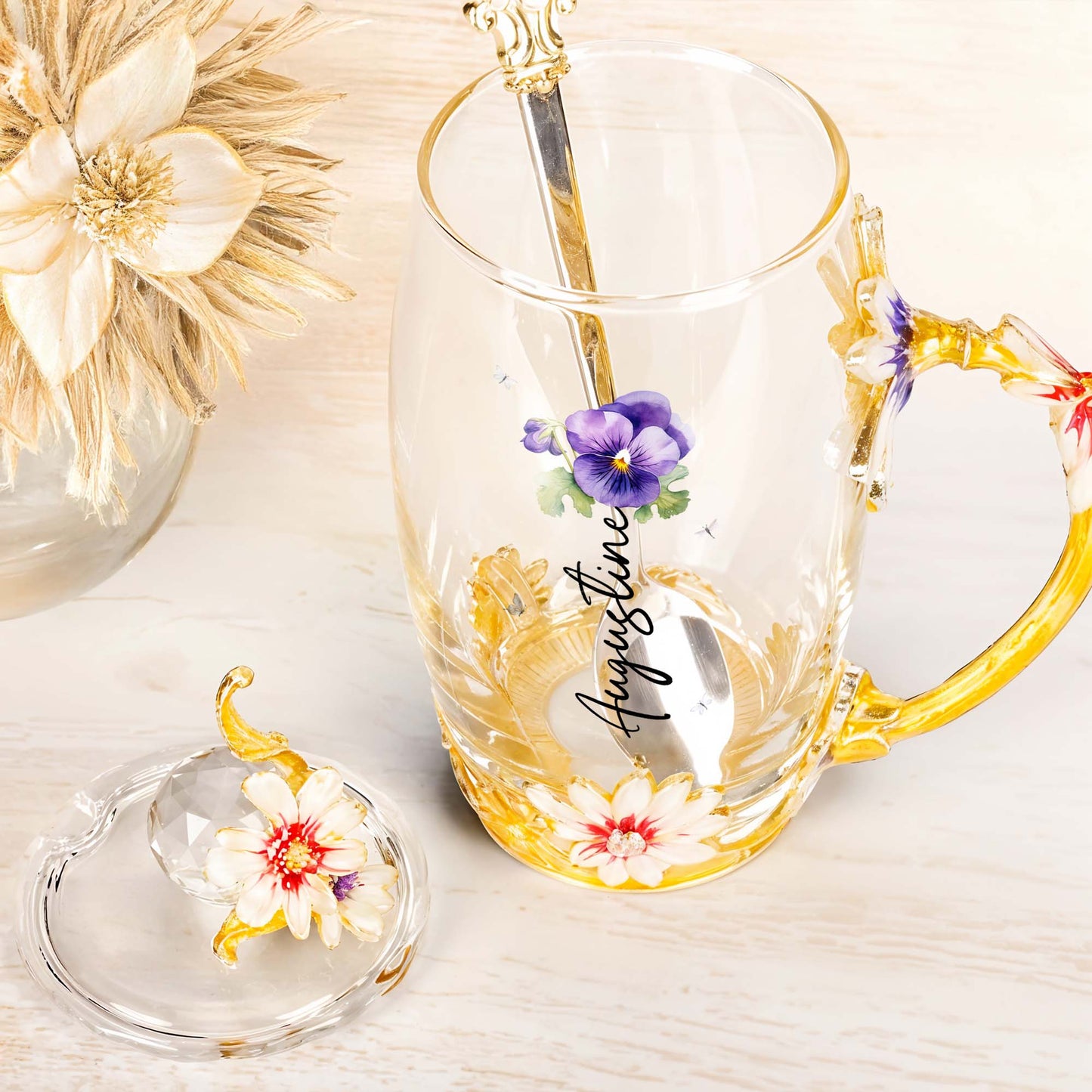 Enrich Your Tea Time With Elegant Floral Personalization, Flowers, Bee, Butterfly