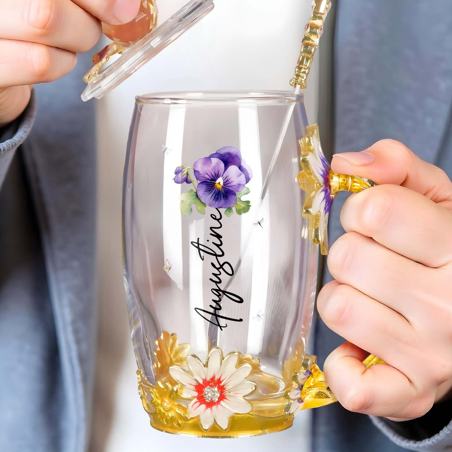 Enrich Your Tea Time With Elegant Floral Personalization, Flowers, Bee, Butterfly