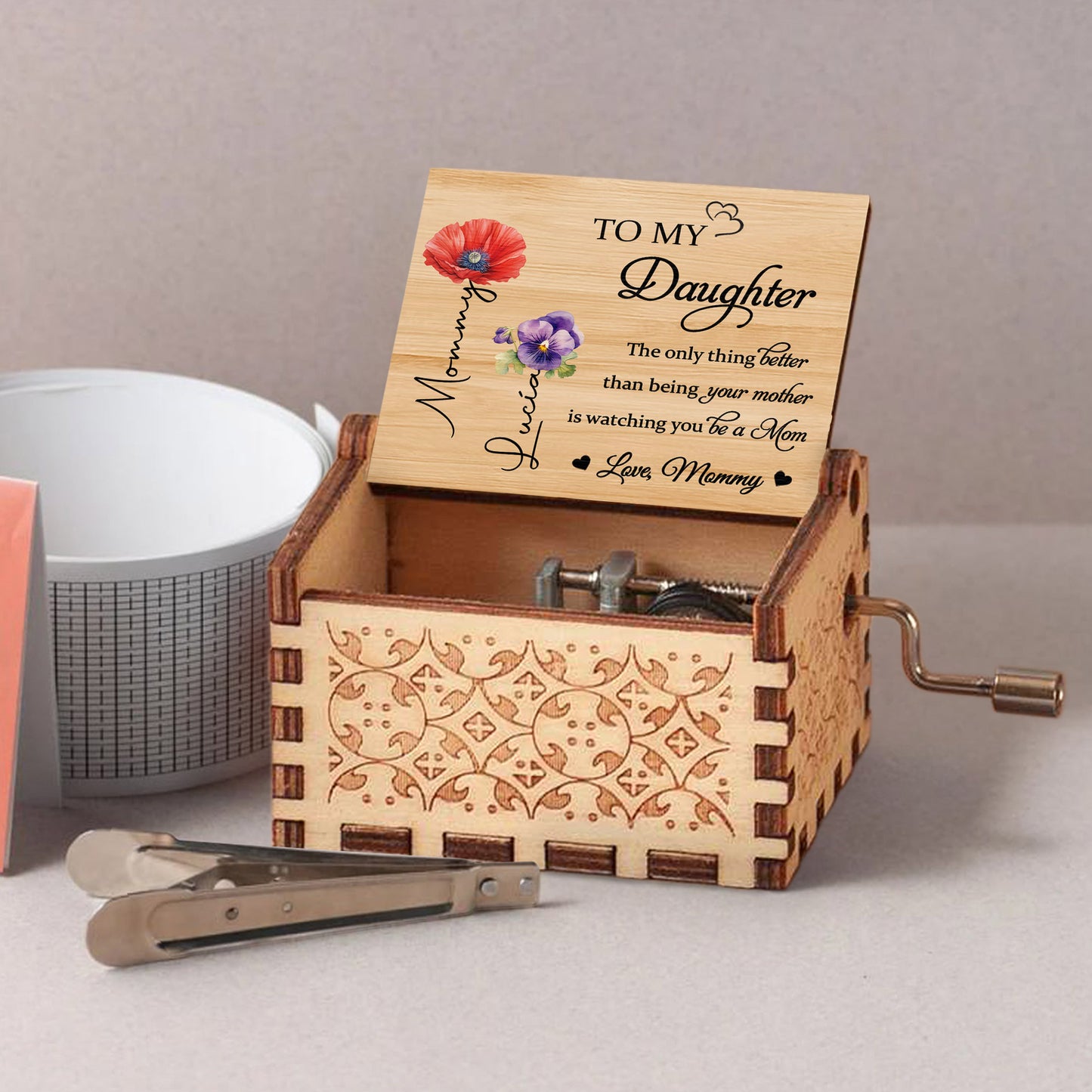 To My Daughter Watching You Be A Mom Poppies and Pansies - Custom Music Box With "You Are My Sunshine" Tune - DAU108_MZB