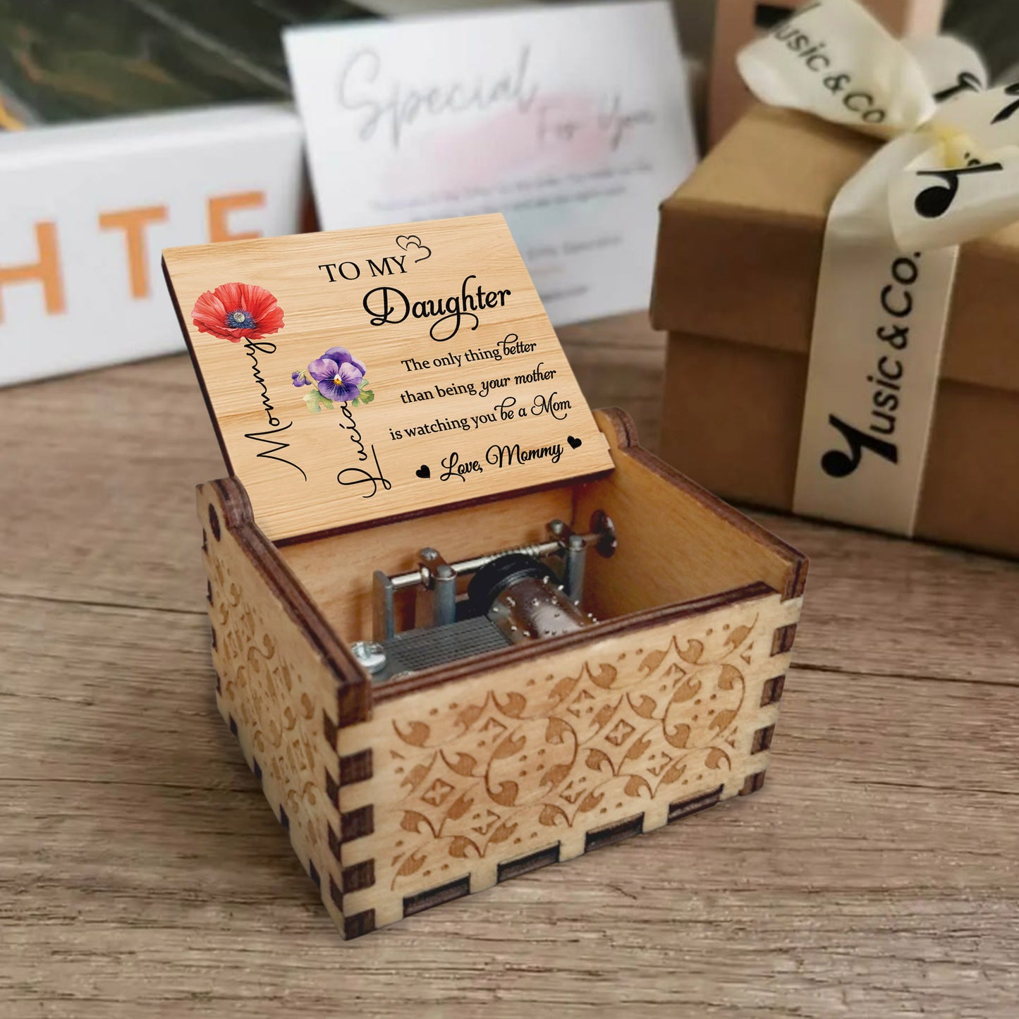 To My Daughter Watching You Be A Mom Poppies and Pansies - Custom Music Box With "You Are My Sunshine" Tune - DAU108_MZB