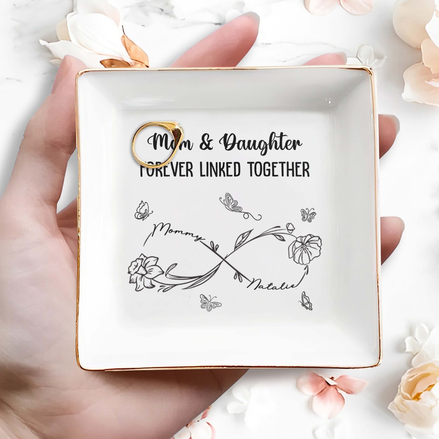 Mom & Daughter Forever Linked Together With Flowers And Butterflies