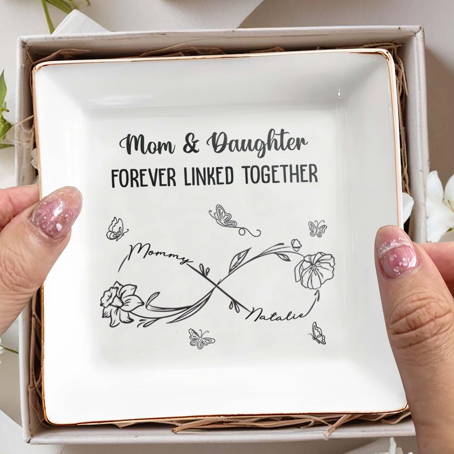 Mom & Daughter Forever Linked Together With Flowers And Butterflies