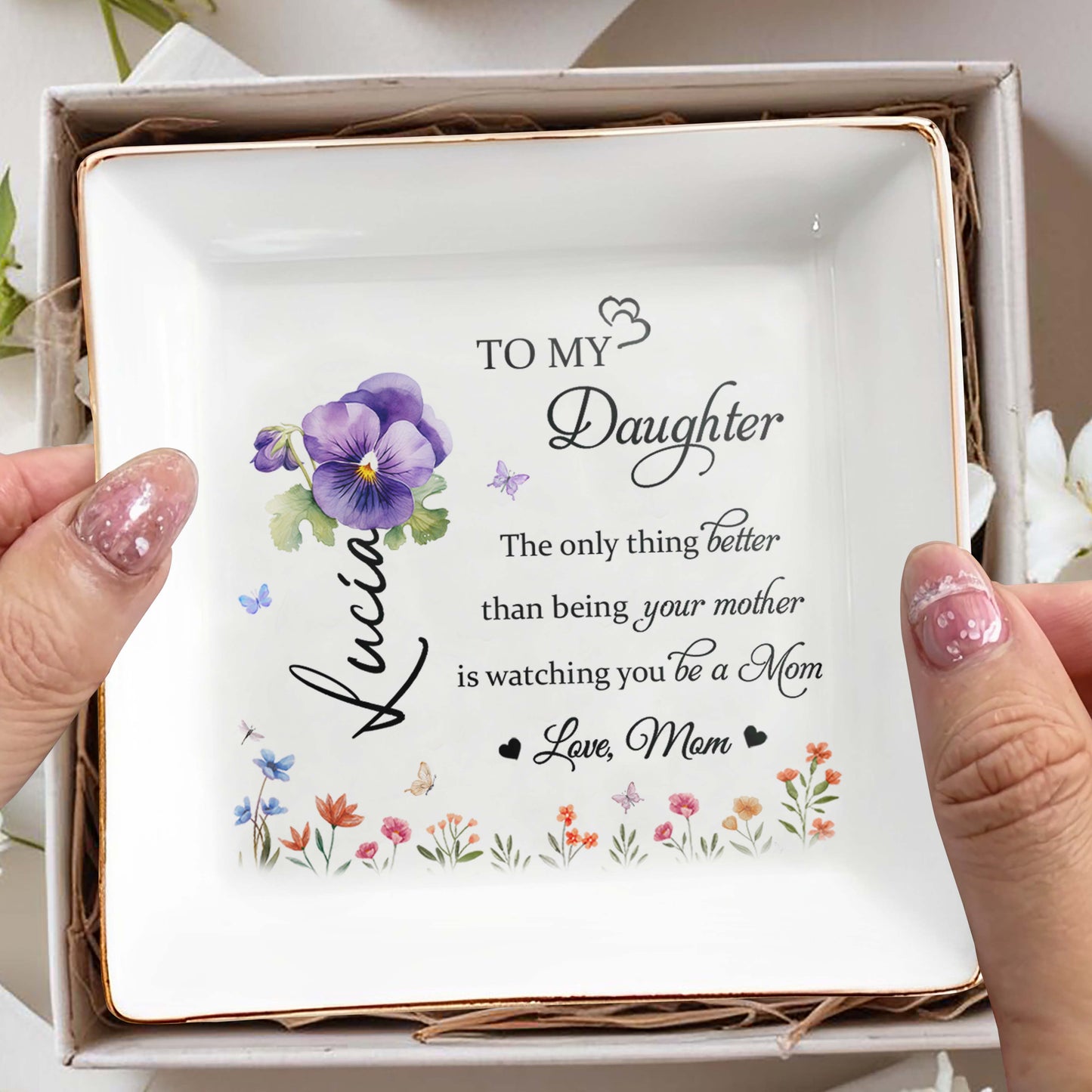 To My Daughter Love Mom Floral Ceramic Dish