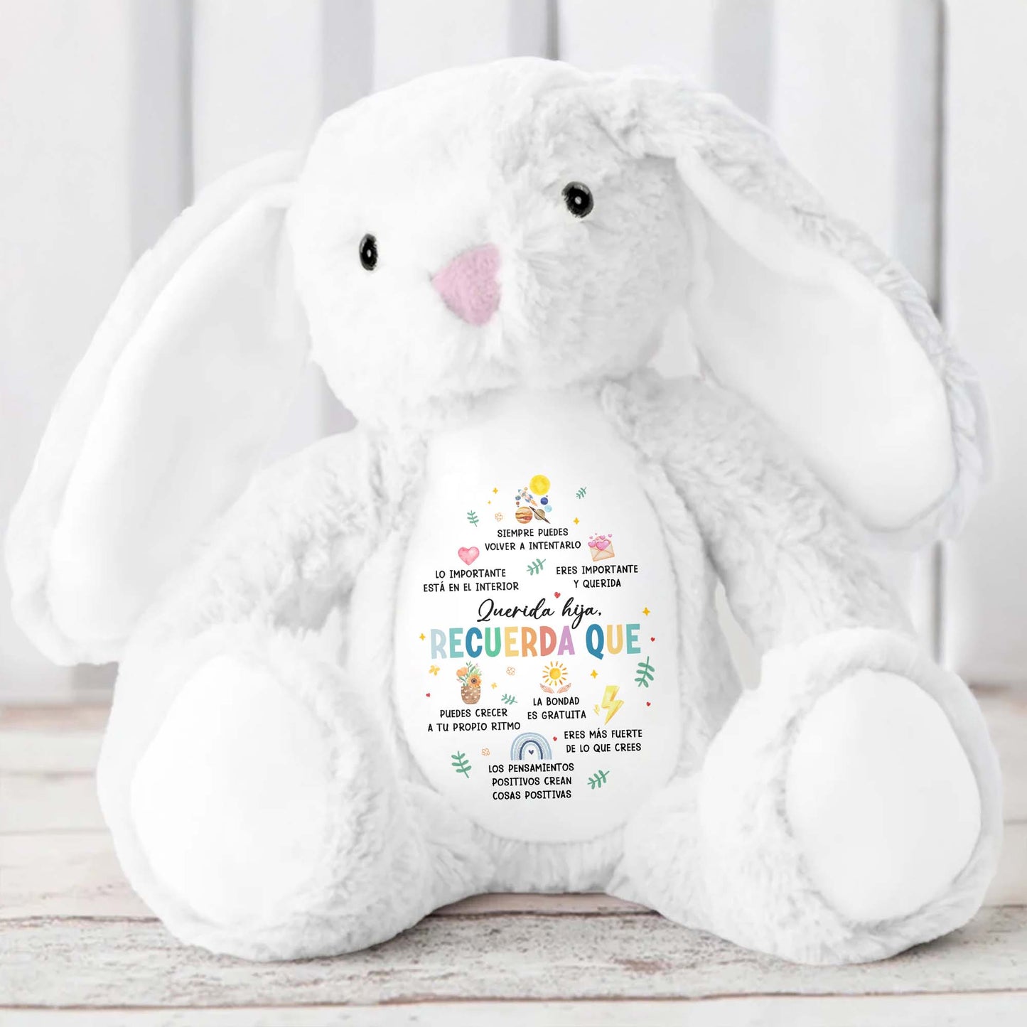 Querida Hija, Recuerda Que Siempre Podrás Contar Conmigo, Soleil, Fleurs, Coeurs - Lapin en peluche personnalisé - DAU153_BUN