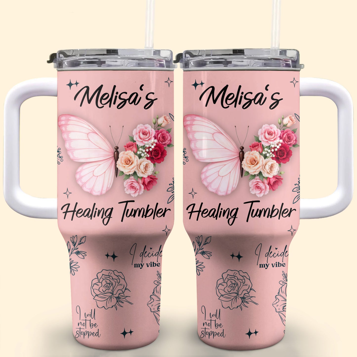 Melisa's Healing Tumbler, Butterfly and Roses