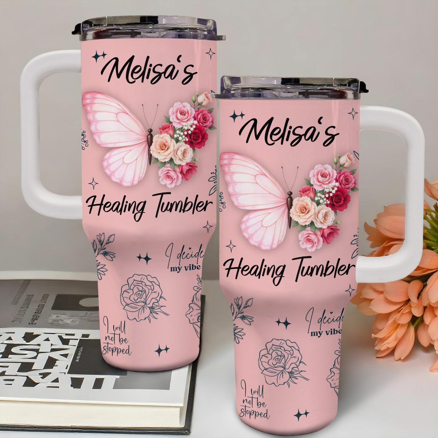 Melisa's Healing Tumbler, Butterfly and Roses