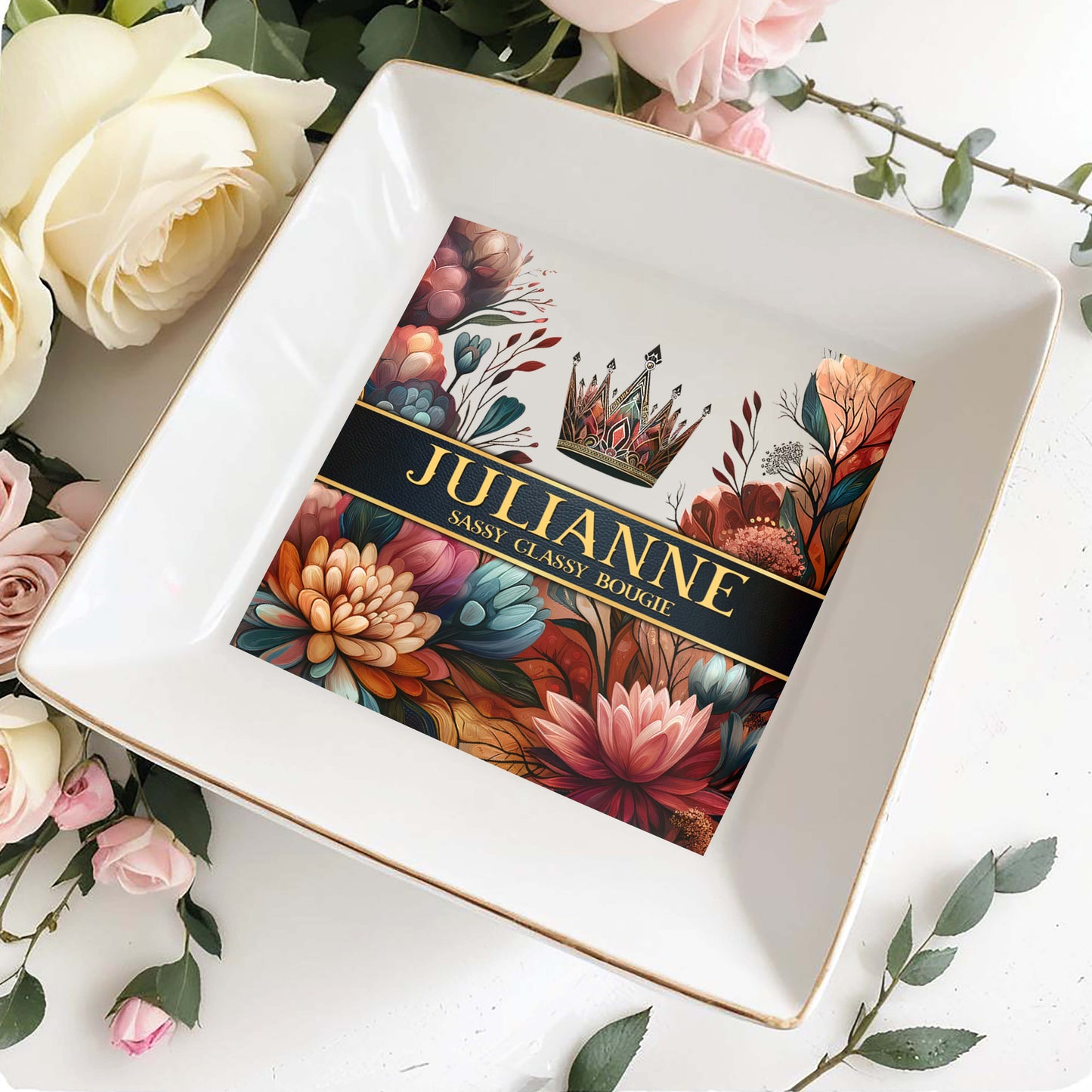 Queen Flowers - Personalized Custom Jewelry Dish - DG007_SCRD