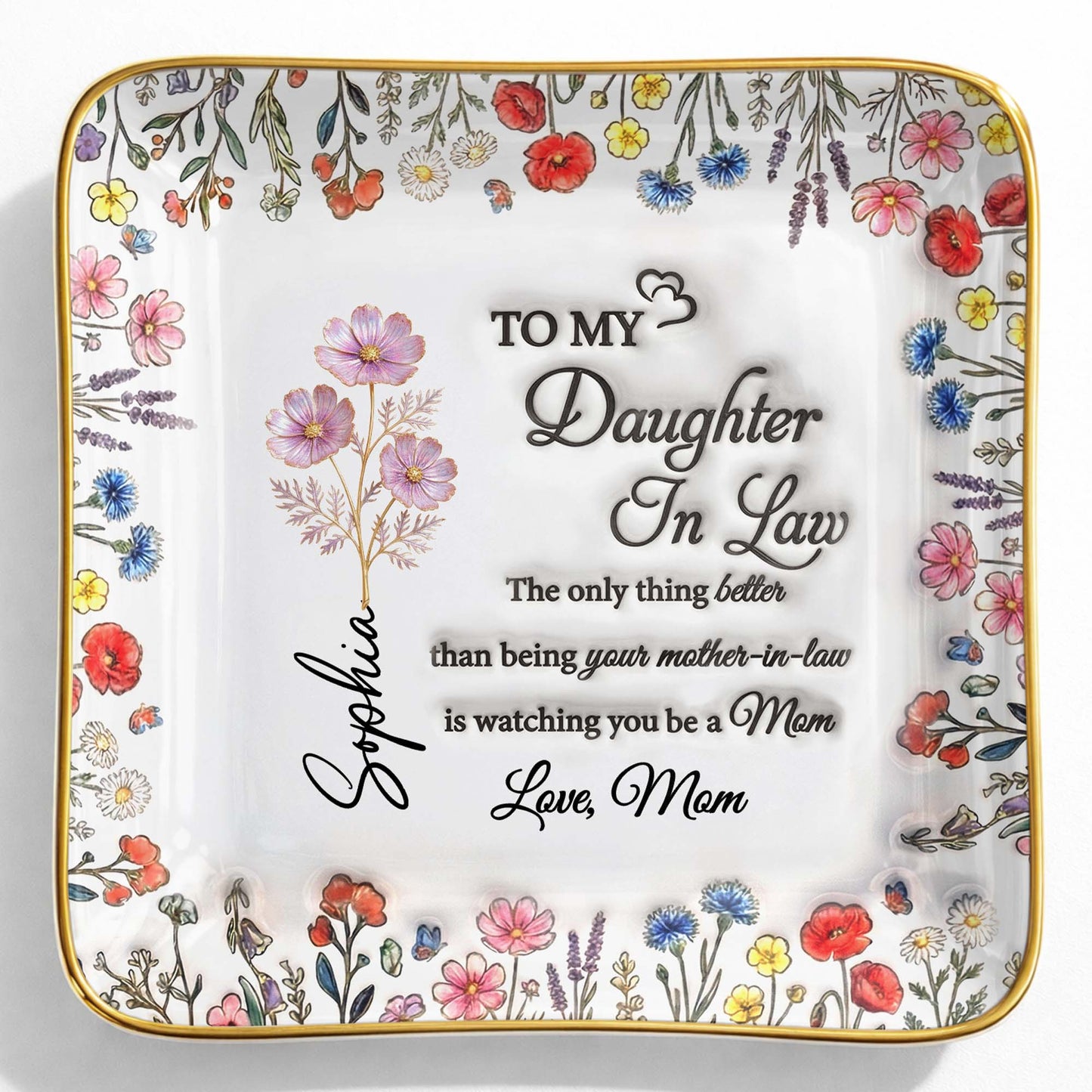 To My Daughter In Law Watching You A Mom With Wildflowers - Personalized Custom Jewelry Dish, Ceramic Dish, Square Shape - DILA091_SCRF