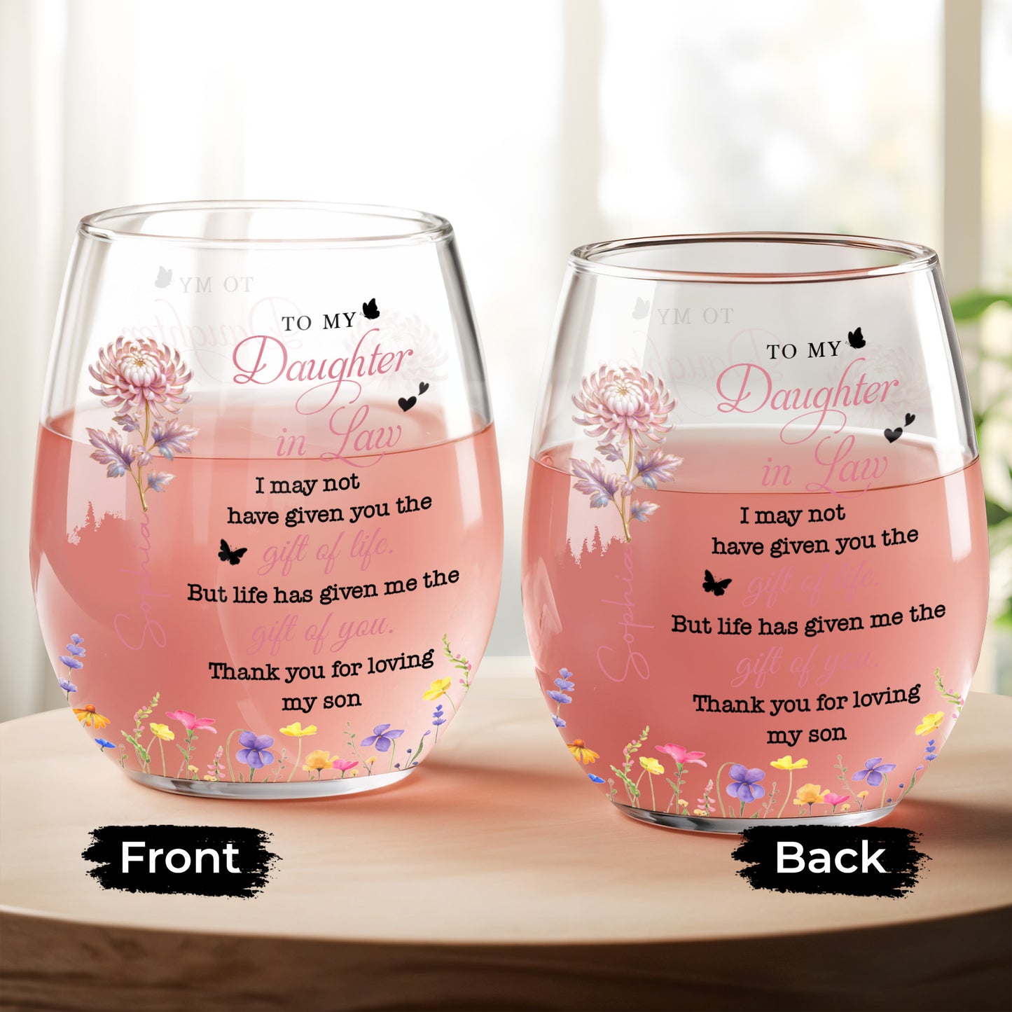 To My Daughter In Law Gift Of You Birth Month Flowers - Personalized Stemless Wine Glass - DILA123_WIGL