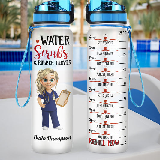 Water Scrubs & Rubber Gloves, Cartoon Nurse And Drinking Schedule - Personalized Tracker Bottle - DOC002_WATRA