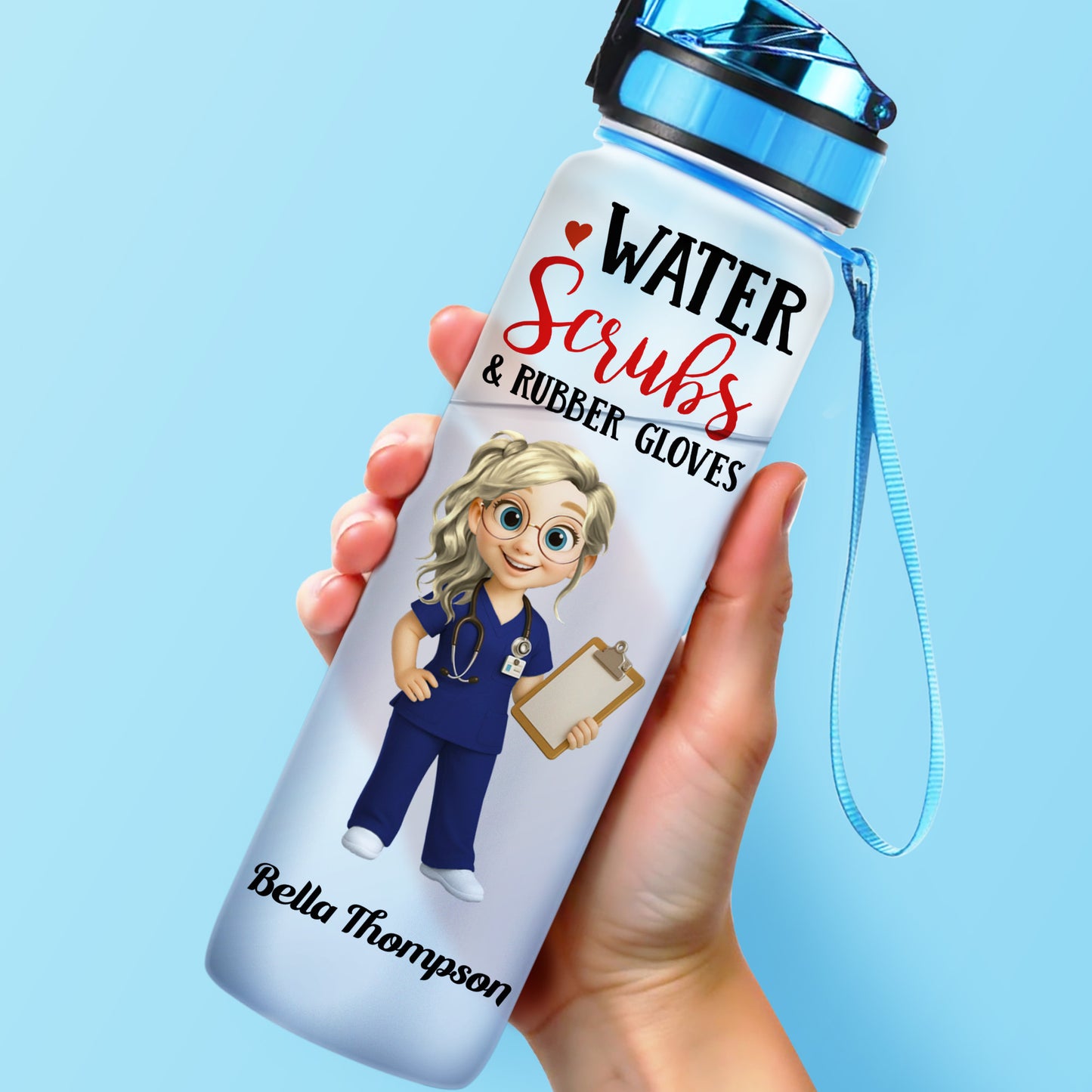 Water Scrubs & Rubber Gloves, Cartoon Nurse And Drinking Schedule - Personalized Tracker Bottle - DOC002_WATRA
