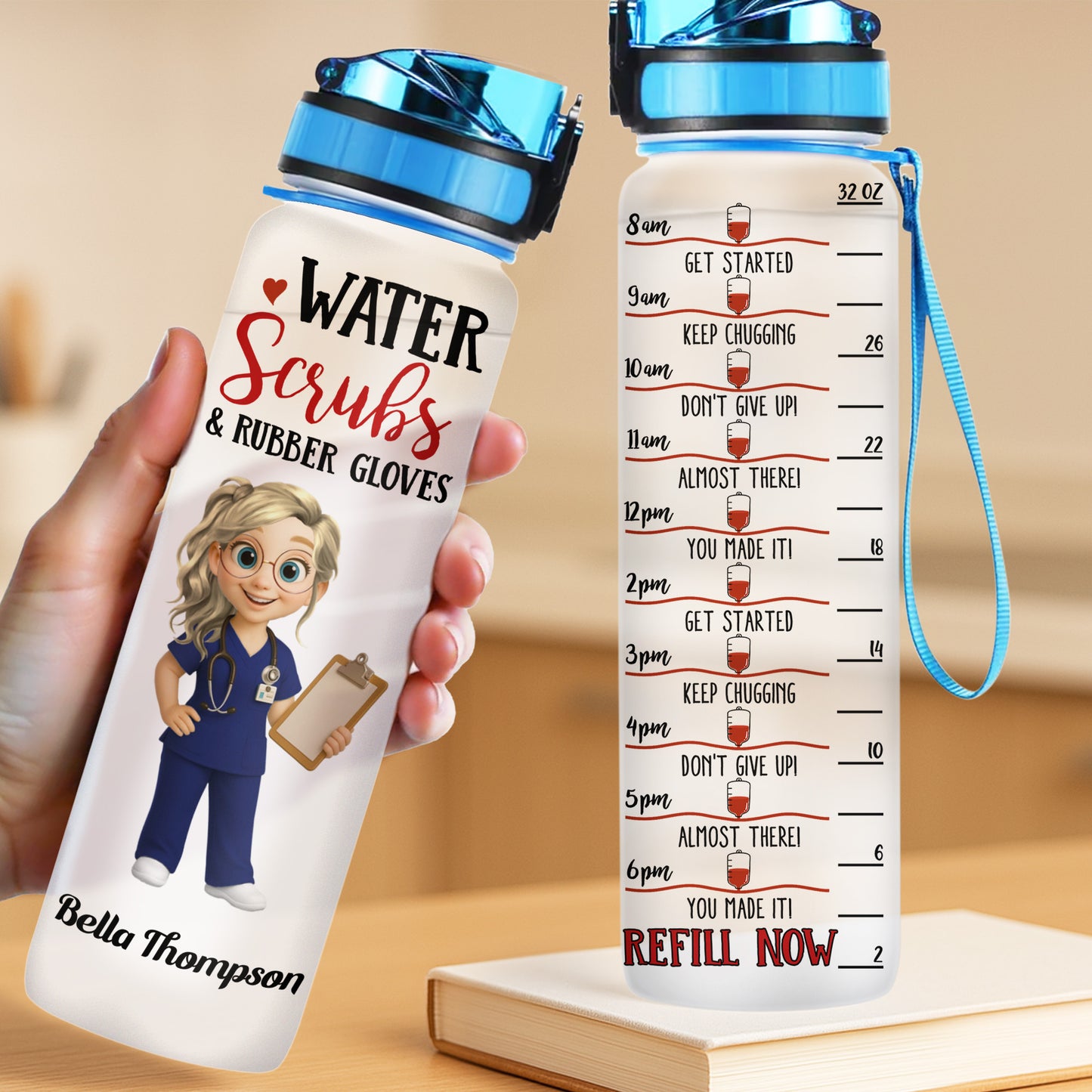 Water Scrubs & Rubber Gloves, Cartoon Nurse And Drinking Schedule - Personalized Tracker Bottle - DOC002_WATRA