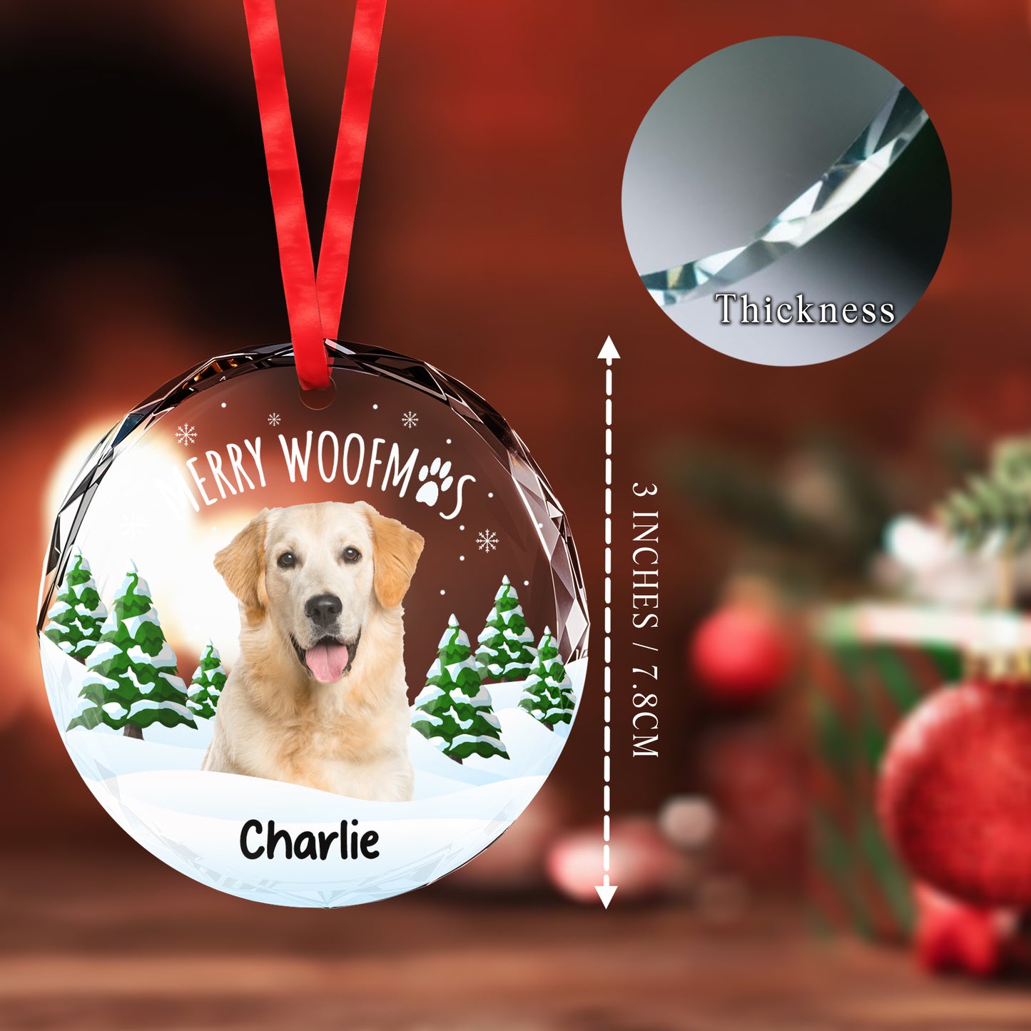 Décoration circulaire en verre personnalisée « Merry Woofmas » pour amoureux des chiens – DOG001_CGOR