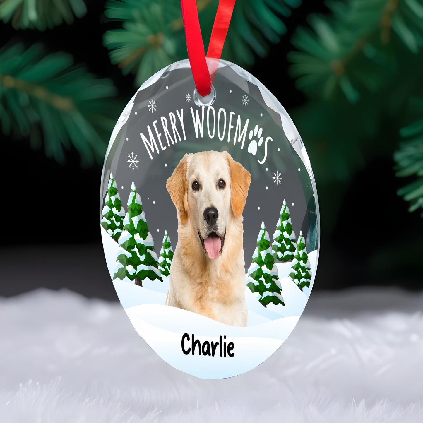 Décoration circulaire en verre personnalisée « Merry Woofmas » pour amoureux des chiens – DOG001_CGOR