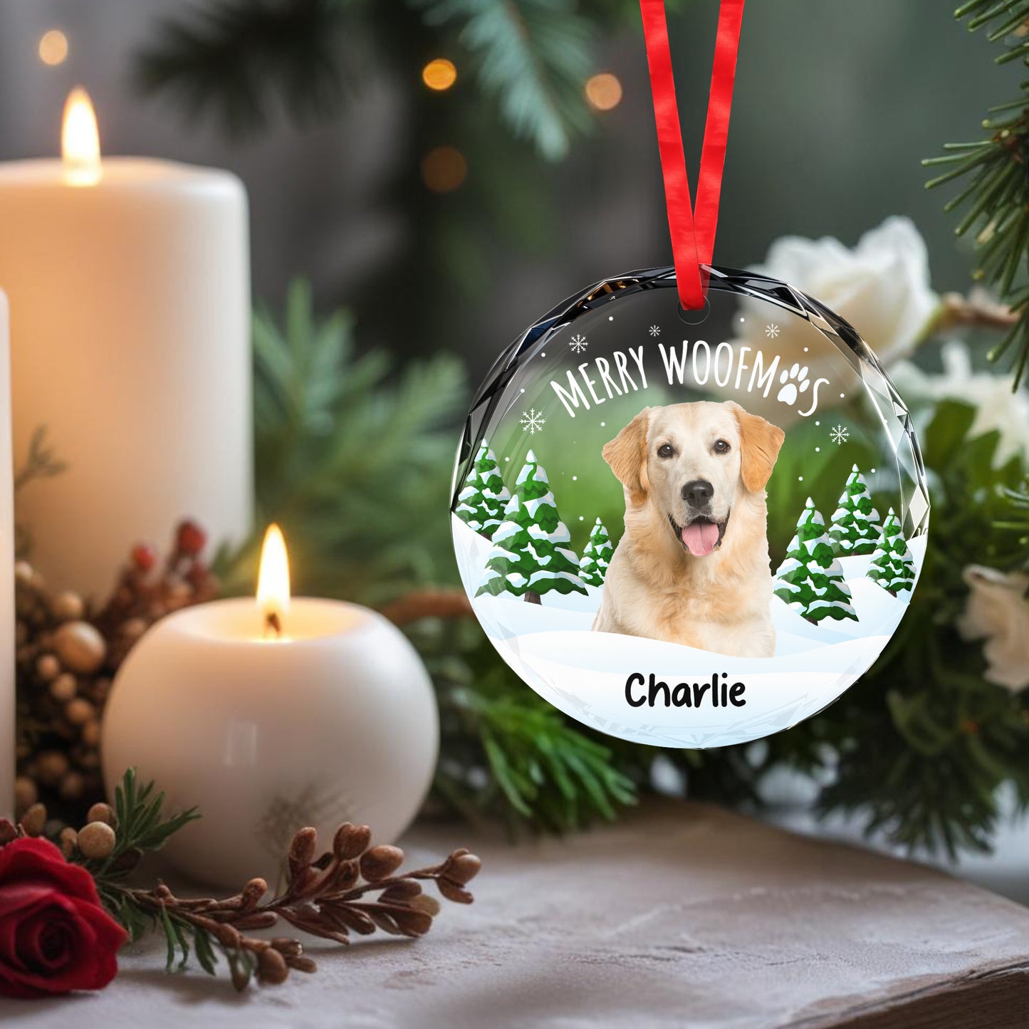 Décoration circulaire en verre personnalisée « Merry Woofmas » pour amoureux des chiens – DOG001_CGOR
