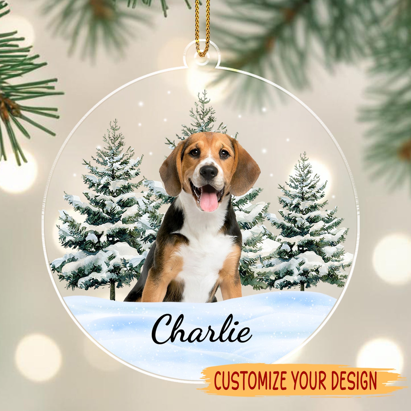 Décoration de Noël personnalisée en acrylique représentant un chiot joyeux au pays des merveilles hivernales – DOG006_ACO