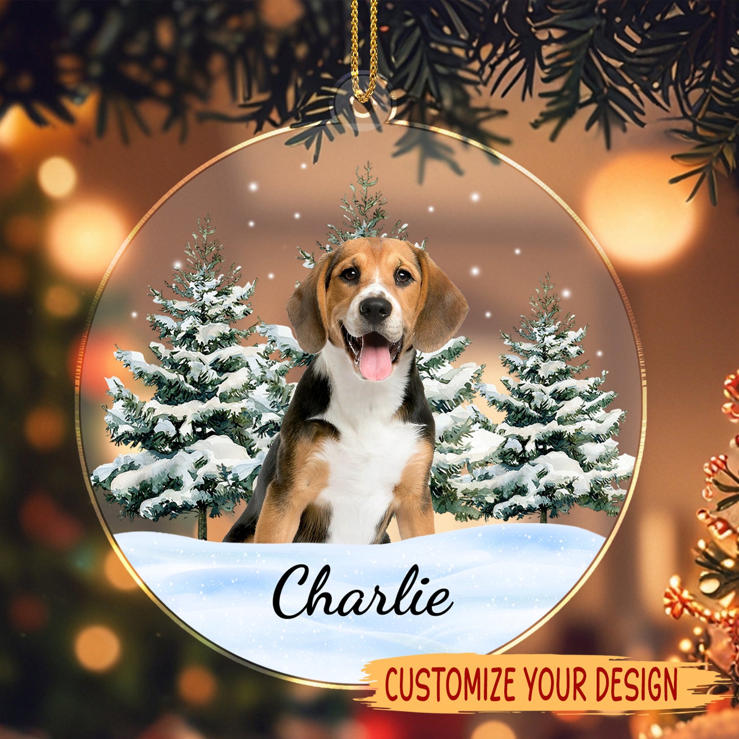 Décoration de Noël personnalisée en acrylique représentant un chiot joyeux au pays des merveilles hivernales – DOG006_ACO