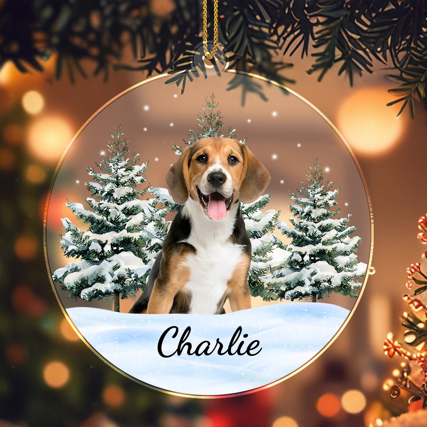 Décoration de Noël personnalisée en acrylique représentant un chiot joyeux au pays des merveilles hivernales – DOG006_ACO