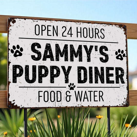 Ouvert 24h/24, nourriture et eau pour chiens - Plaque métallique personnalisée - DOG012_MSIGN