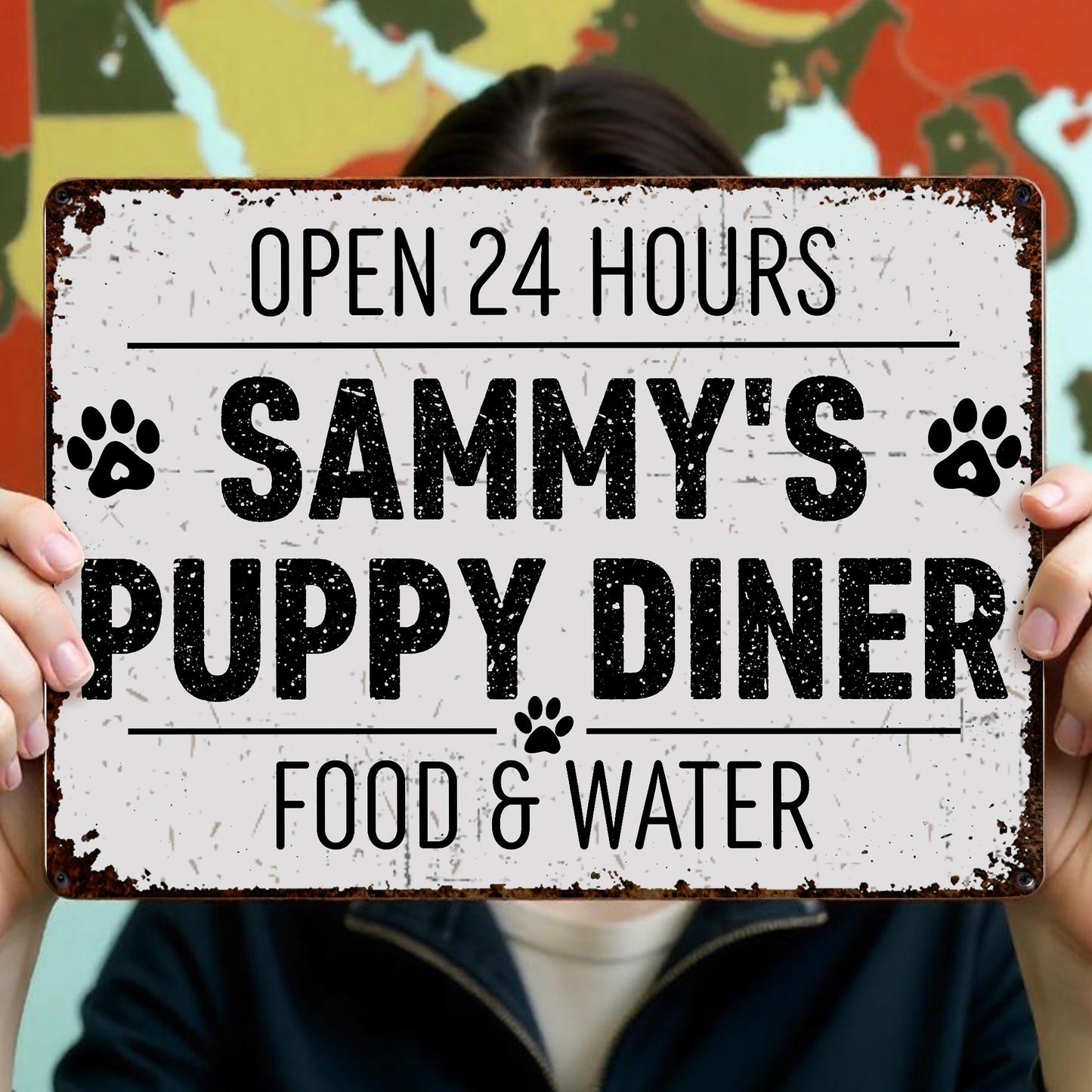 Open 24 Hours Doggy Diner Food And Water - Personalized Metal Sign - DOG012_MSIGN