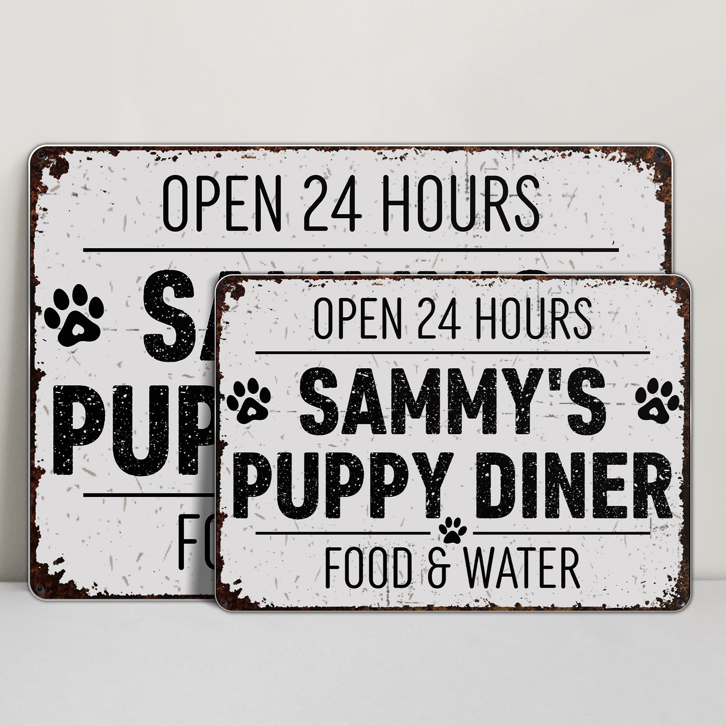 Open 24 Hours Doggy Diner Food And Water - Personalized Metal Sign - DOG012_MSIGN
