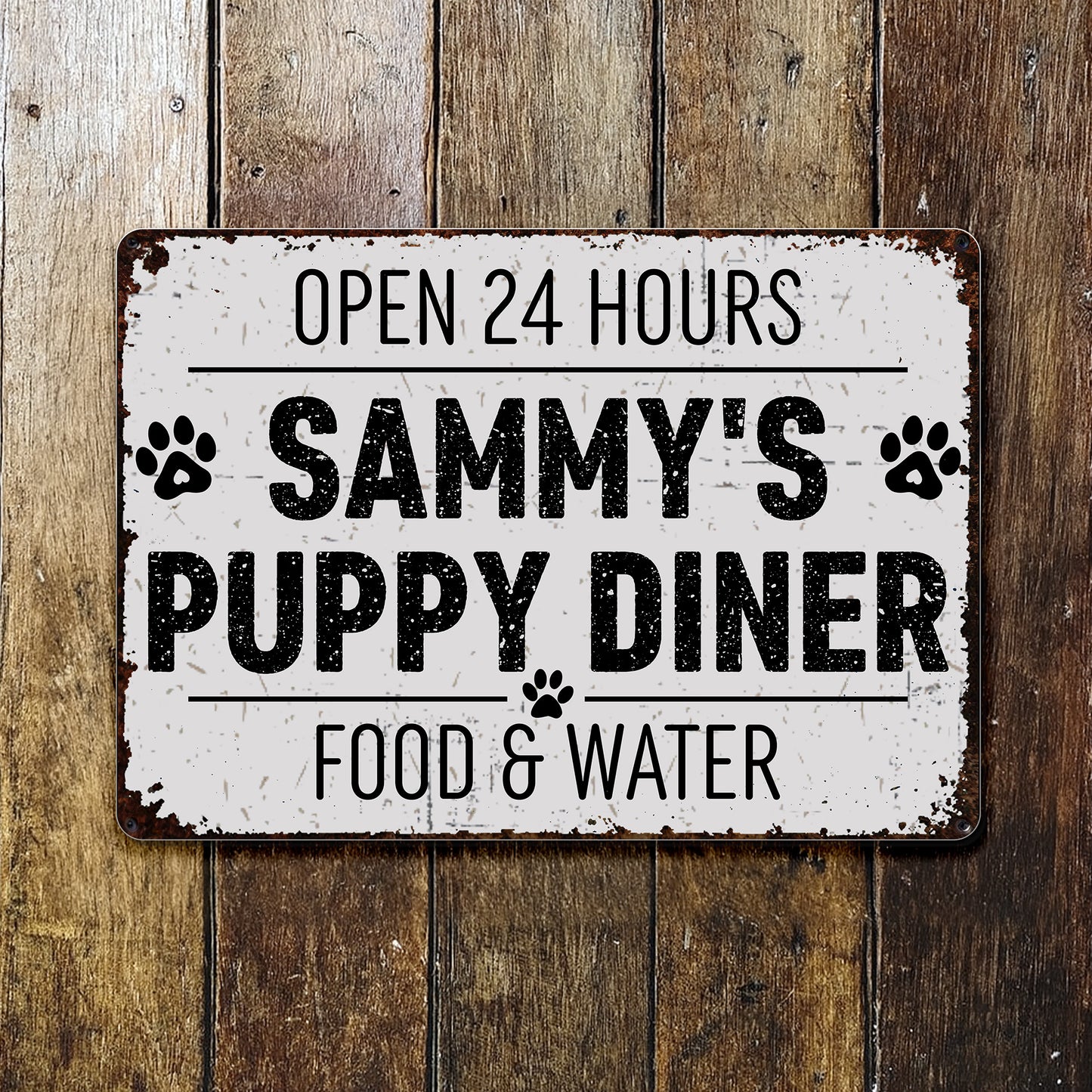 Open 24 Hours Doggy Diner Food And Water - Personalized Metal Sign - DOG012_MSIGN