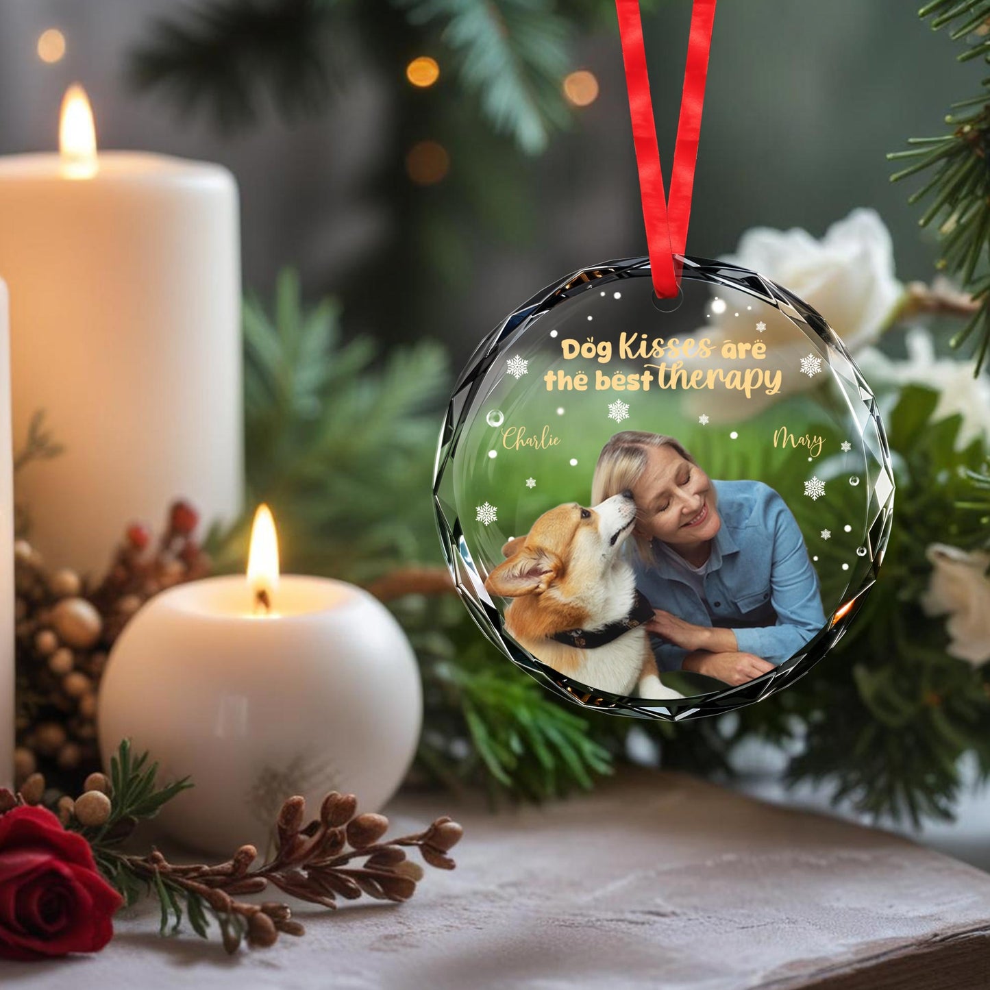 Dog Kisses Are The Best Therapy Circle Glass Ornament