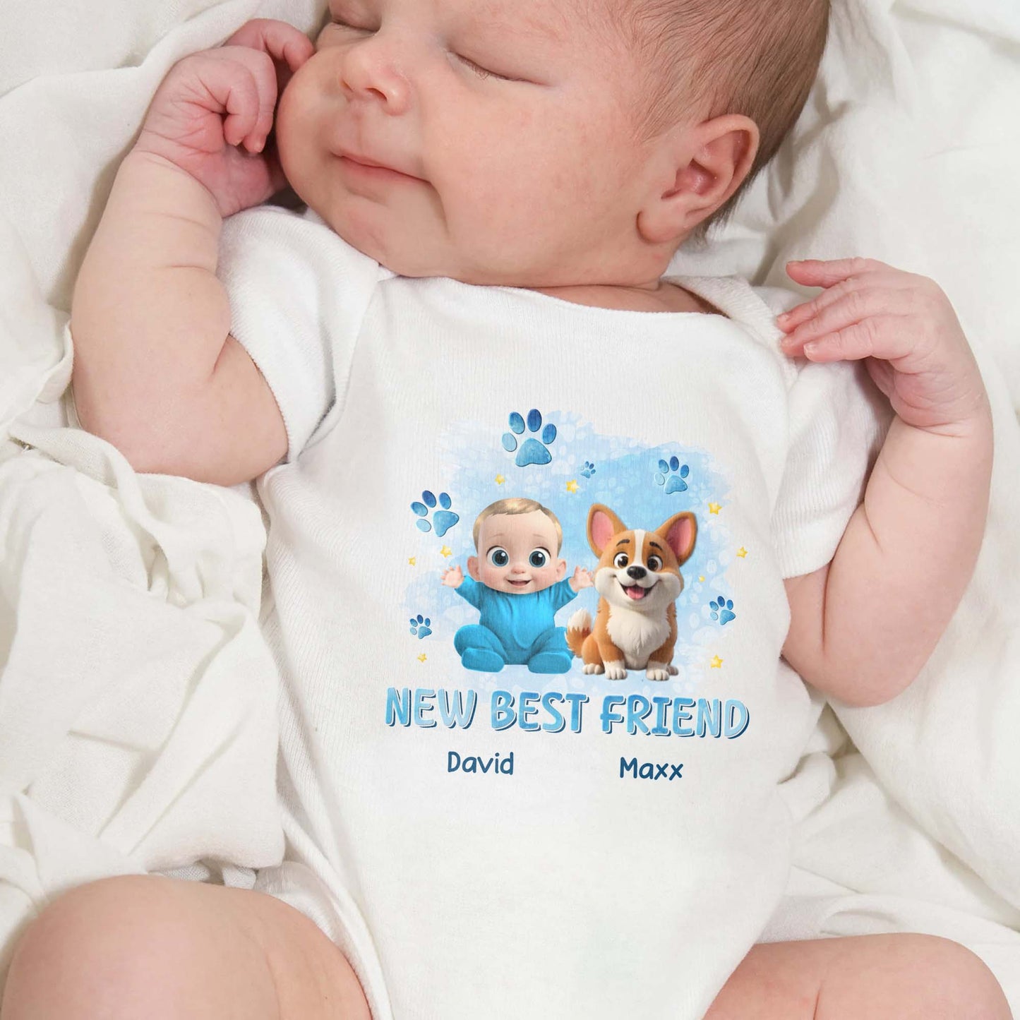 New Best Friend, Baby And Dog With Paw Prints
