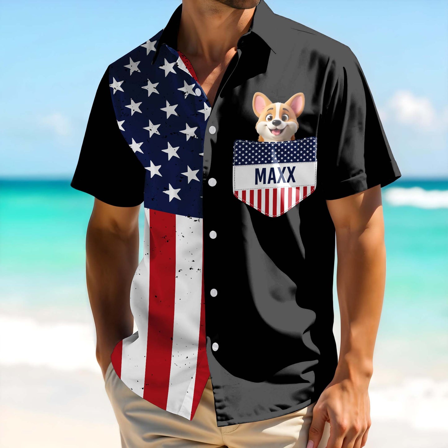 Celebrate Patriotic Pride, American Flag and Dog Design - Personalized Custom Unisex Hawaiian Shirt - DOG032_HW