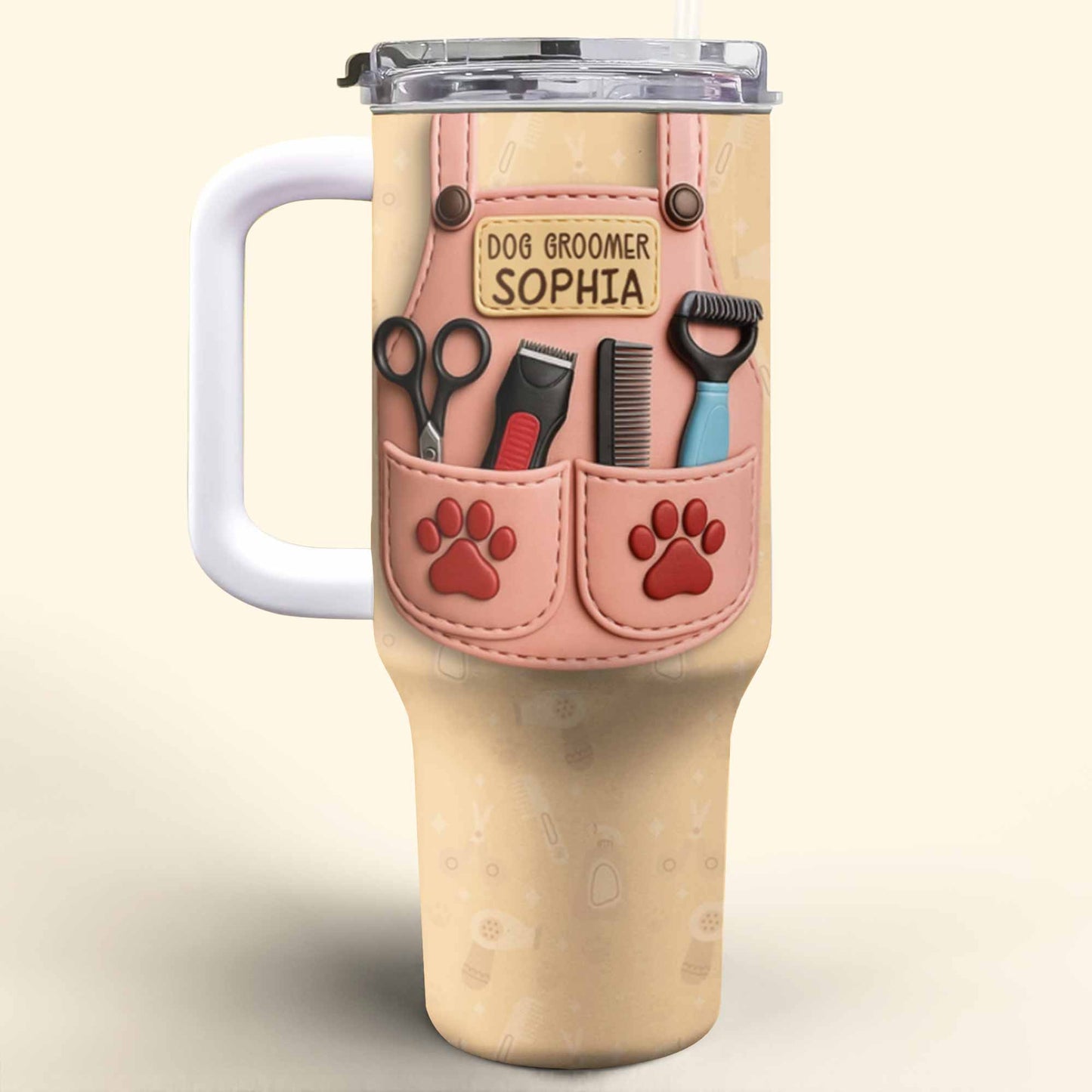 Cadeau de toilettage pour chien avec outils et empreintes de pattes - Gobelet personnalisé de 1 134 ml avec paille - DOG063_TBS