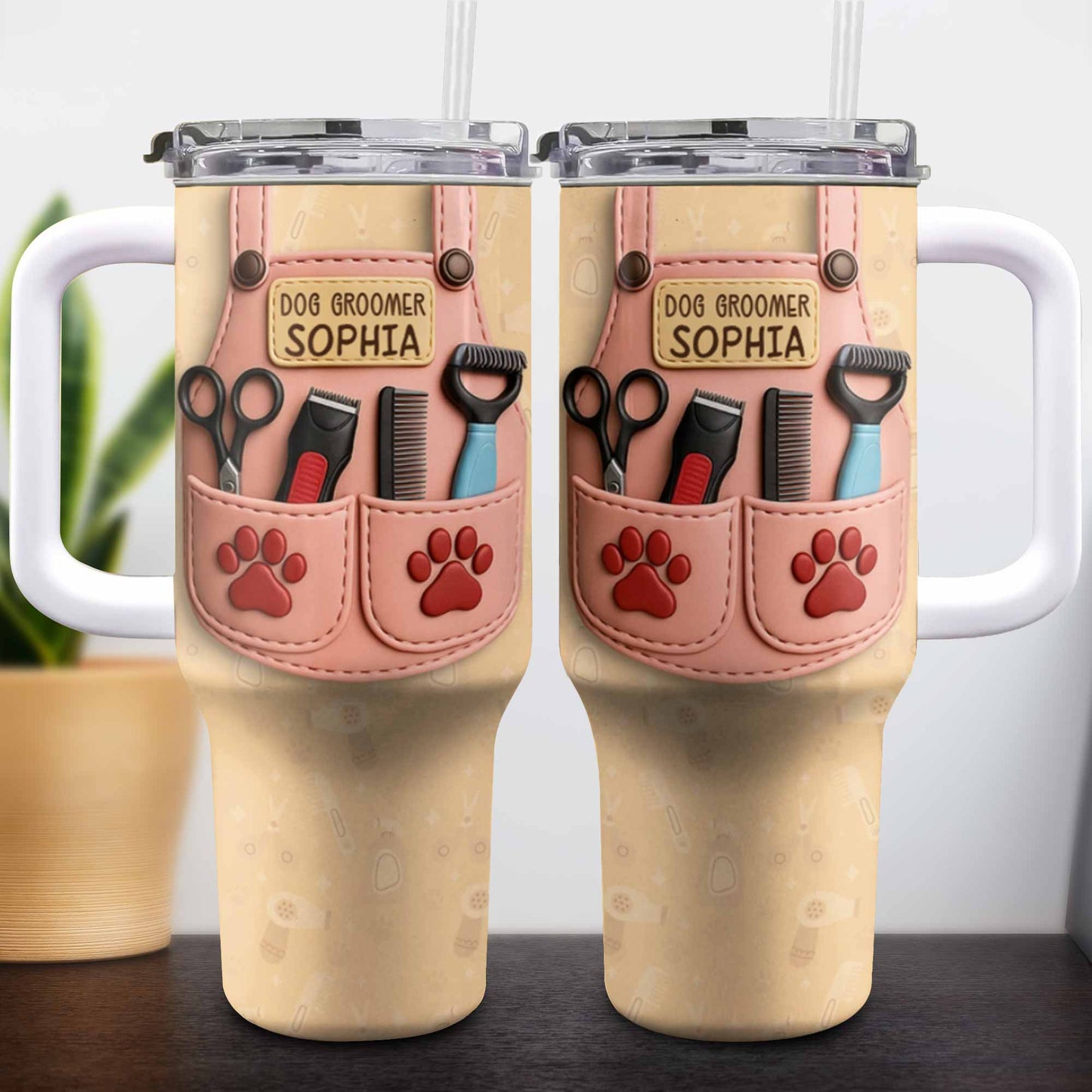 Cadeau de toilettage pour chien avec outils et empreintes de pattes - Gobelet personnalisé de 1 134 ml avec paille - DOG063_TBS