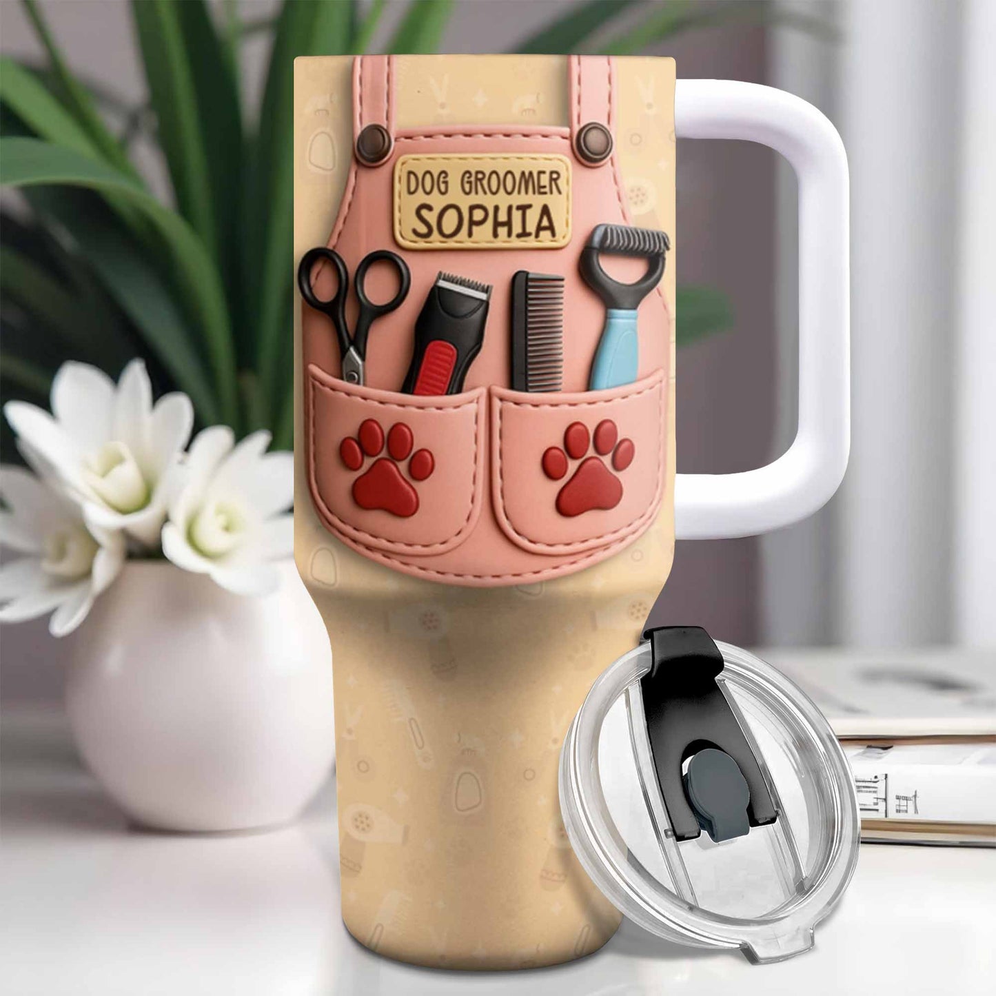 Cadeau de toilettage pour chien avec outils et empreintes de pattes - Gobelet personnalisé de 1 134 ml avec paille - DOG063_TBS