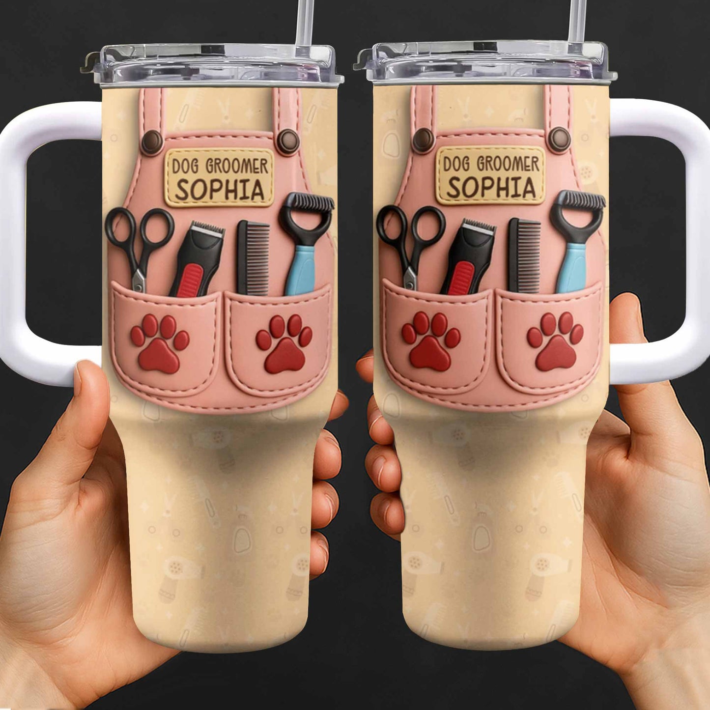 Cadeau de toilettage pour chien avec outils et empreintes de pattes - Gobelet personnalisé de 1 134 ml avec paille - DOG063_TBS