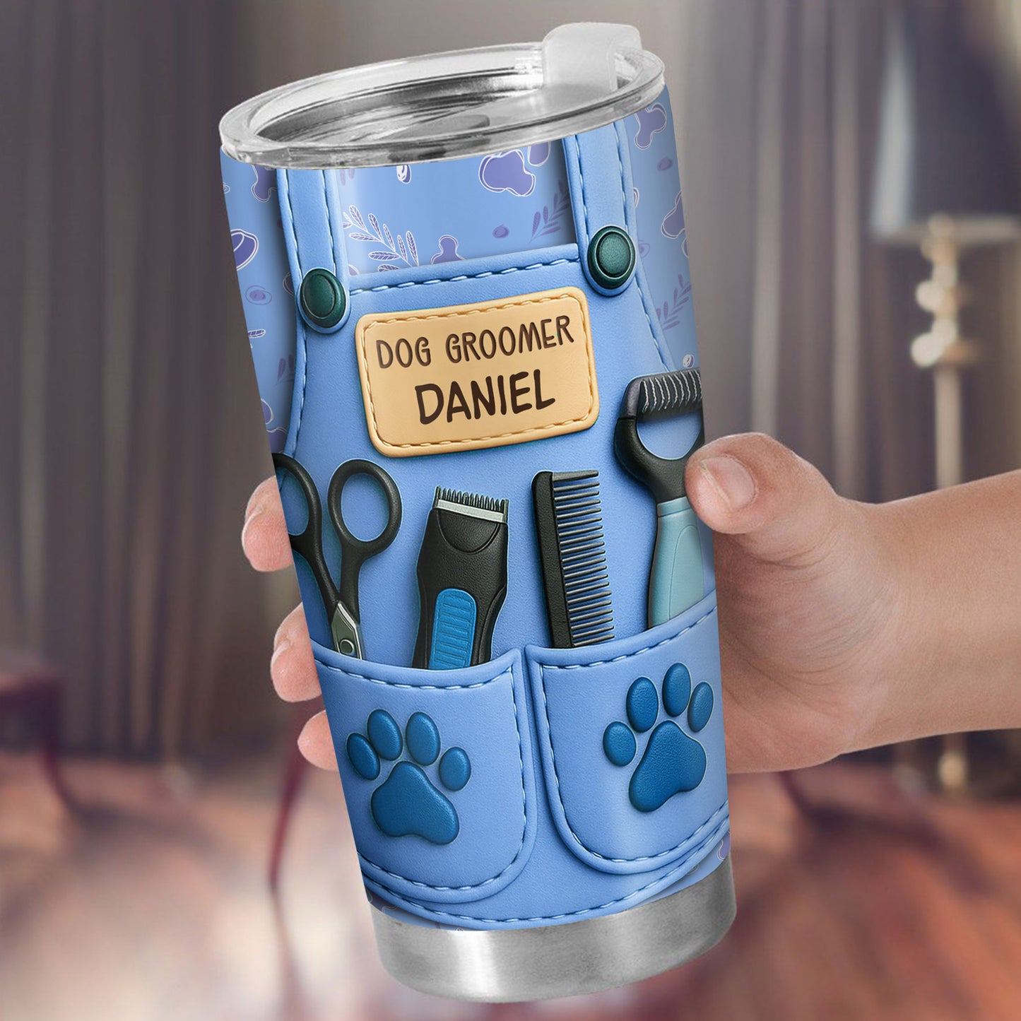 Customizable Tumbler For Dog Groomers With Tools And Paw Prints