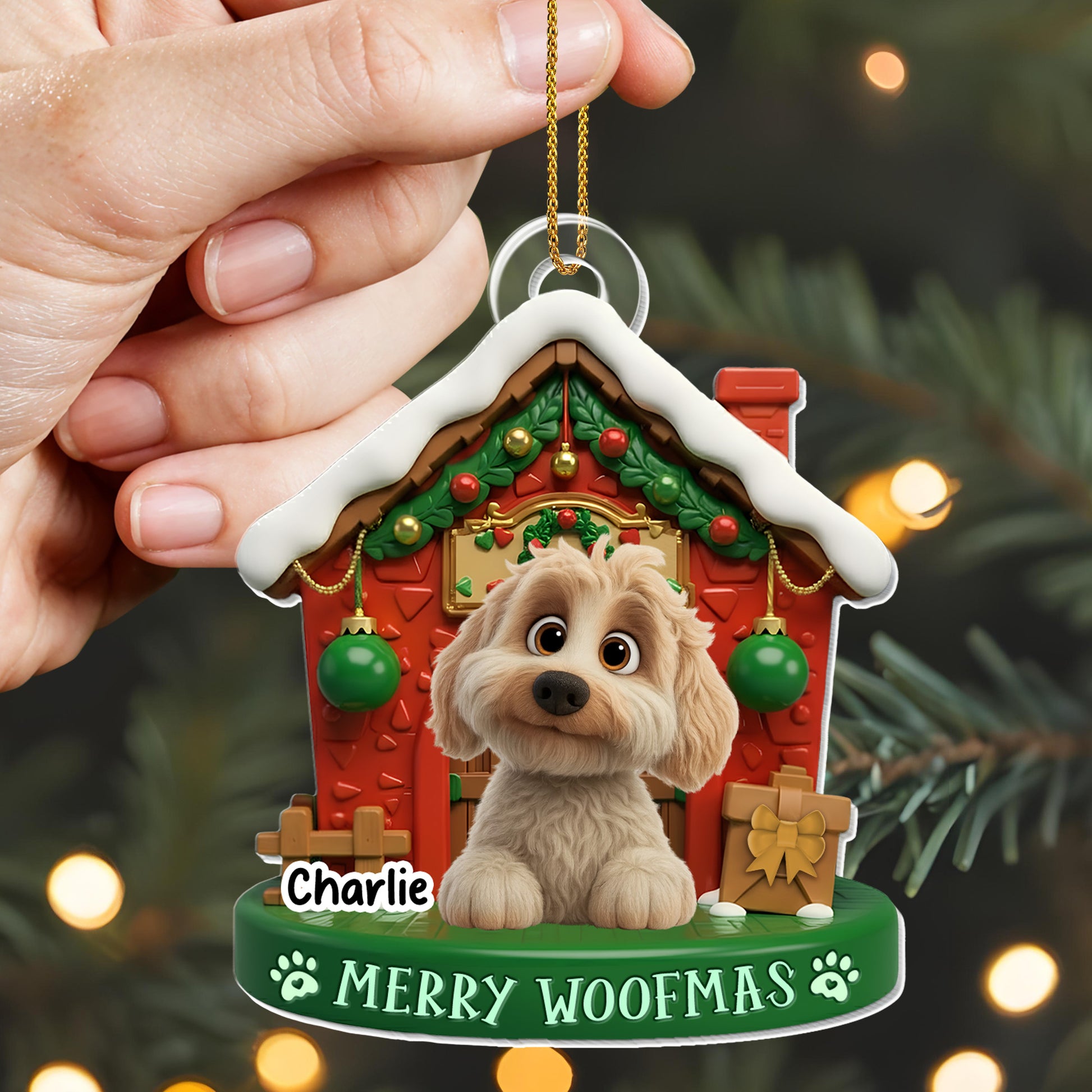 Merry Woofmas With Cute Dog In Decorated Doghouse