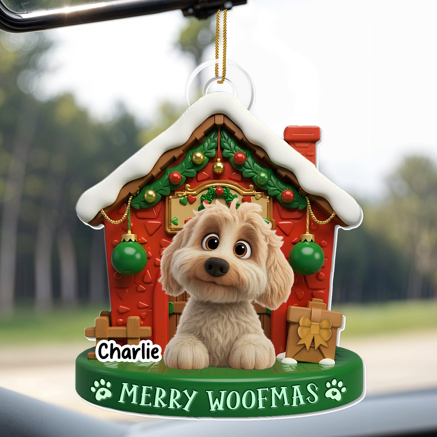 Merry Woofmas With Cute Dog In Decorated Doghouse