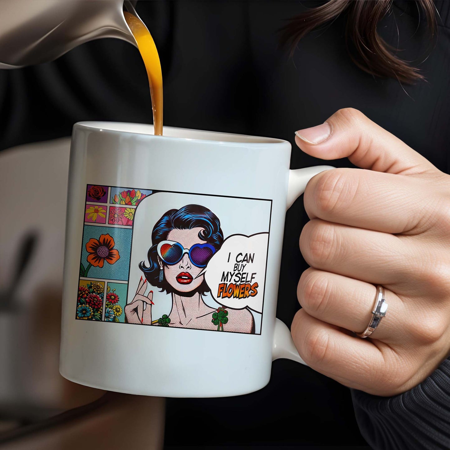 I Can Buy Myself Flowers Mug With Comic Girl And Floral Design