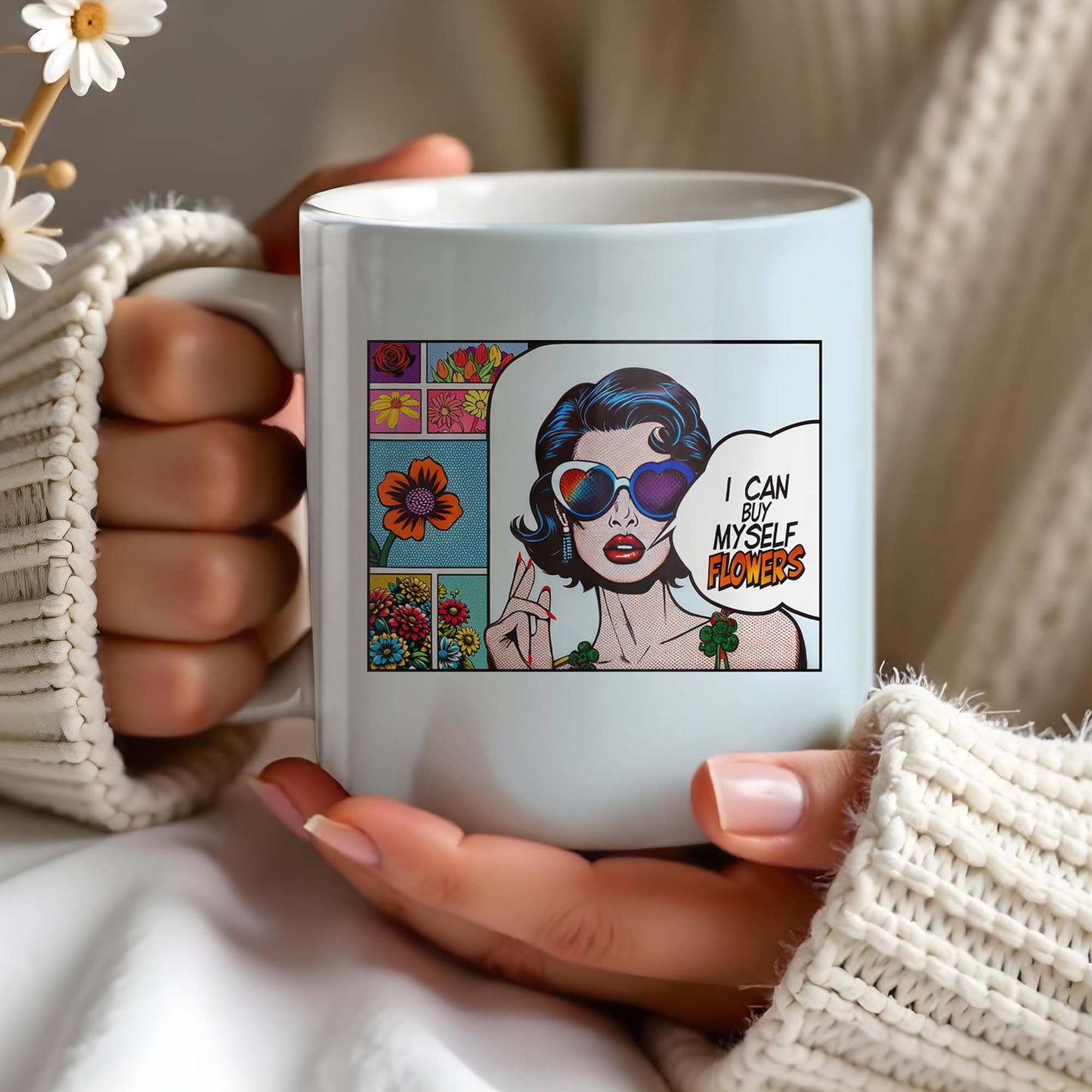 I Can Buy Myself Flowers Mug With Comic Girl And Floral Design