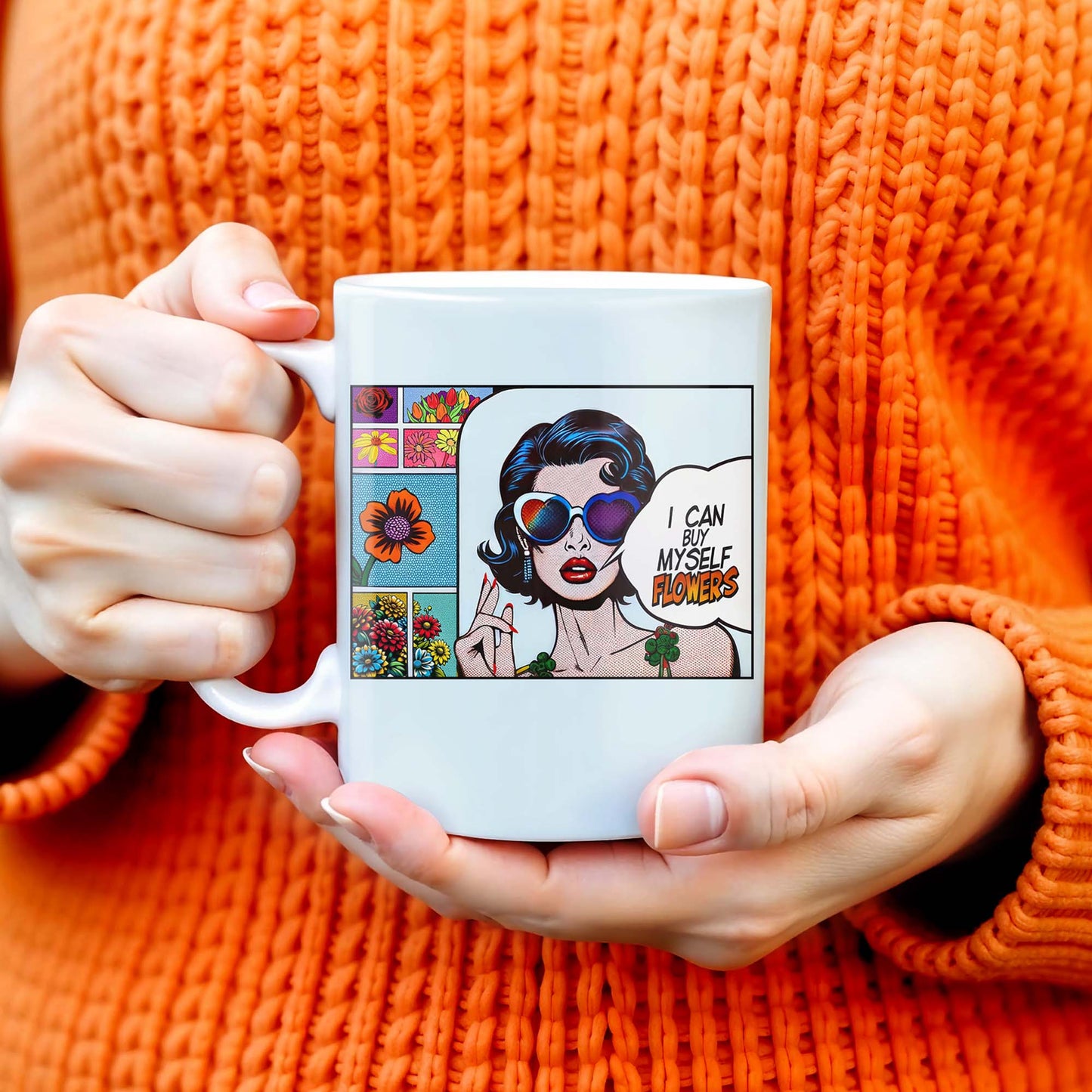 I Can Buy Myself Flowers Mug With Comic Girl And Floral Design